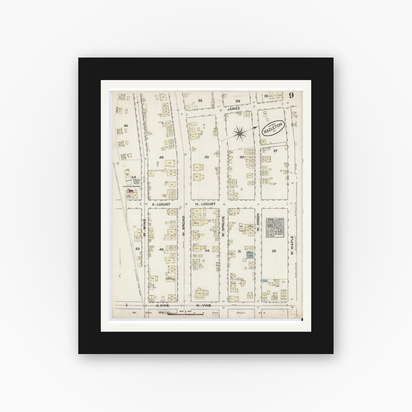 Old map wall art mockup — black gallery frame with white mat — Sanborn Fire Insurance Map from Hazleton, Luzerne County, Pennsylvania (1884), Sheet #0009