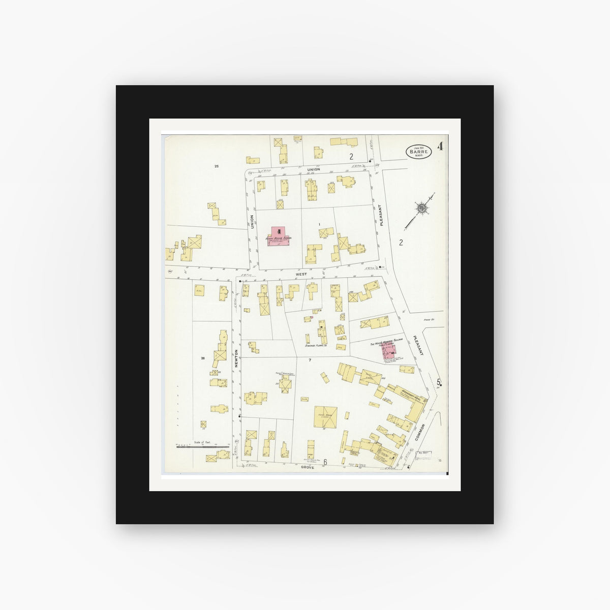 Old map wall art mockup — black gallery frame with white mat — Sanborn Fire Insurance Map from Barre, Worcester County, Massachusetts (1911), Sheet #0004