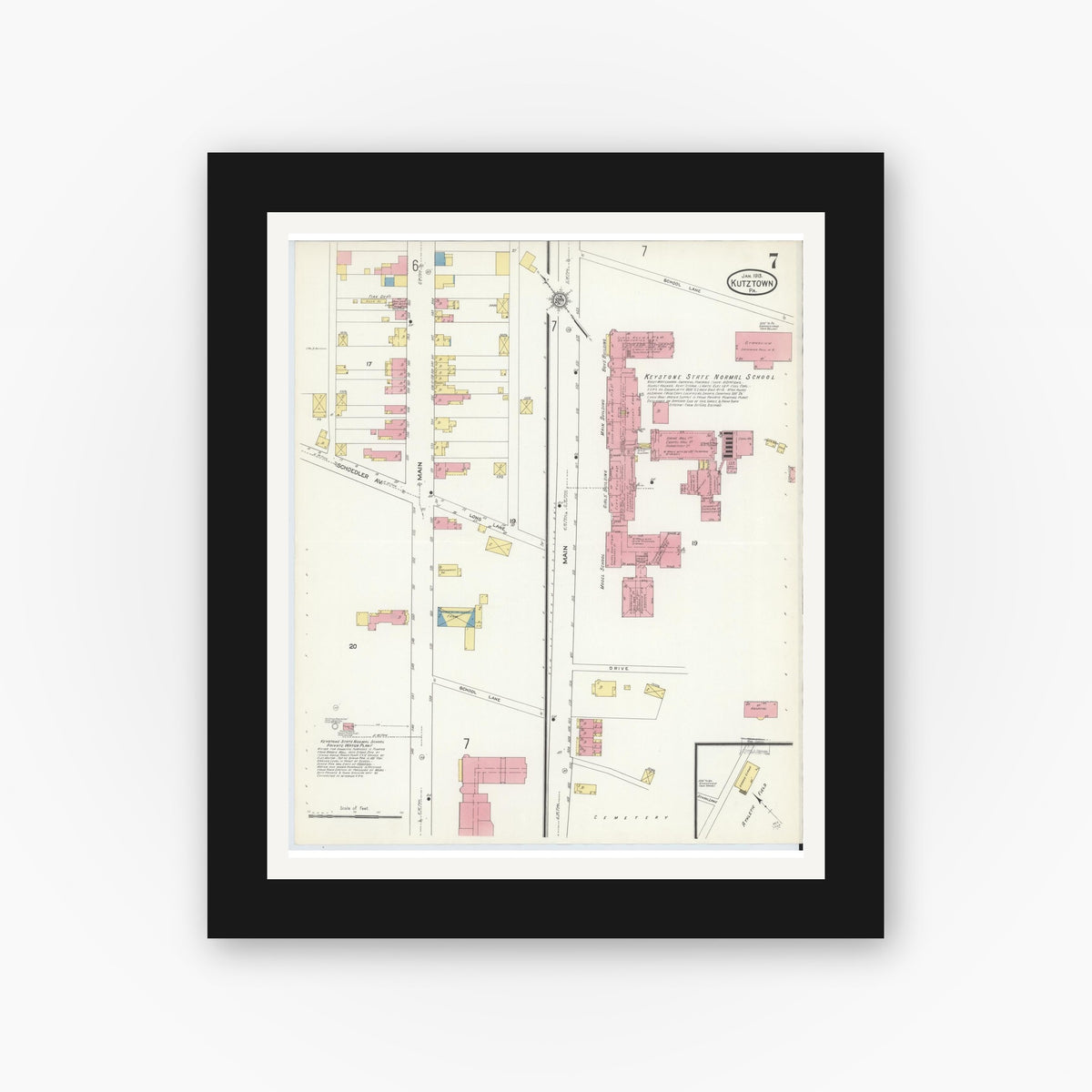 Old map wall art mockup — black gallery frame with white mat — Sanborn Fire Insurance Map from Kutztown, Berks County, Pennsylvania (1913), Sheet #0007