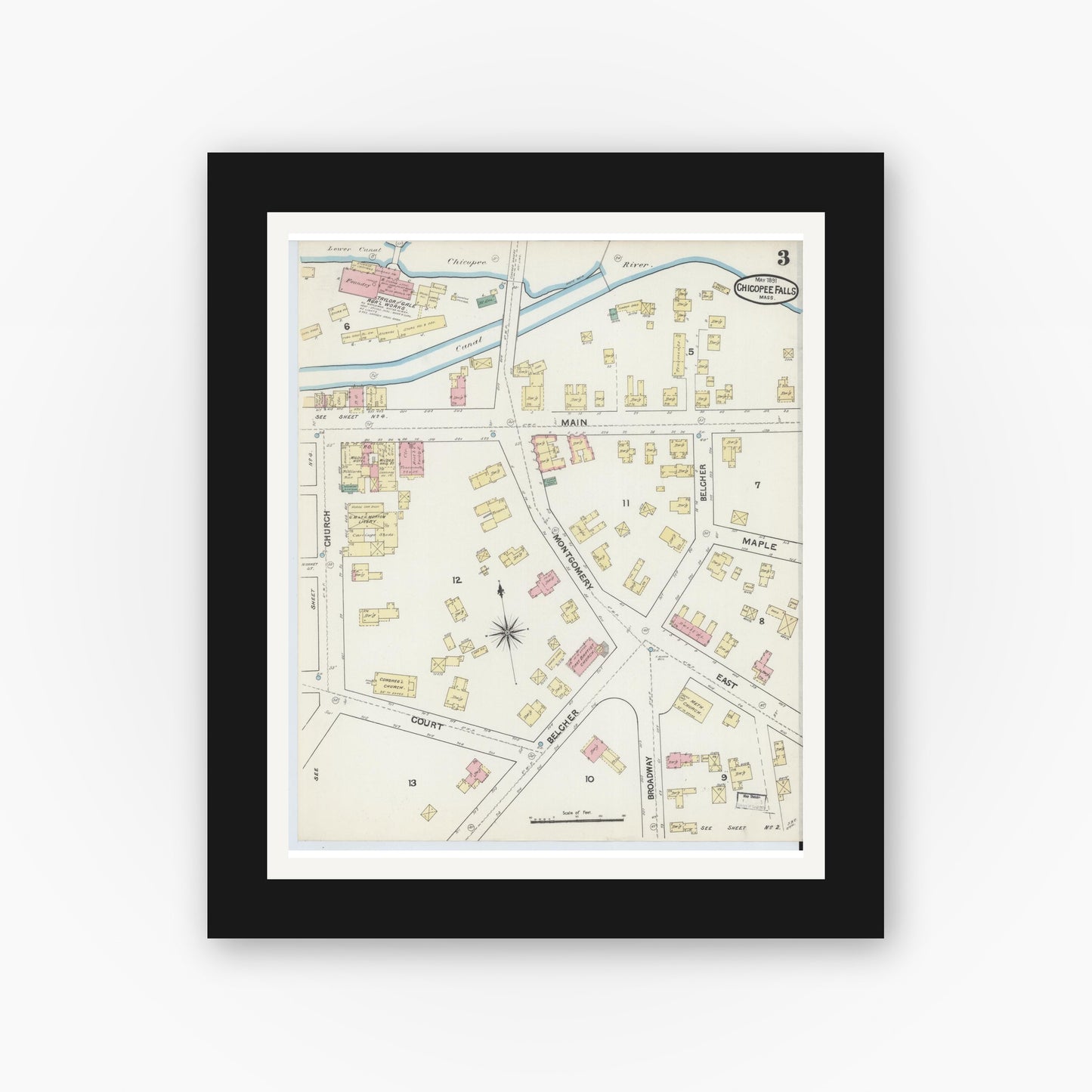 Old map wall art mockup — black gallery frame with white mat — Sanborn Fire Insurance Map from Chicopee Falls, Hampden County, Massachusetts (1891), Sheet #0003