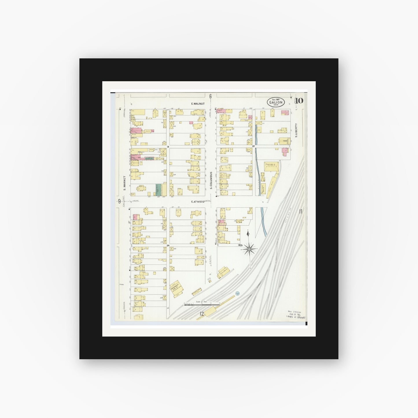 Old map wall art mockup — black gallery frame with white mat — Sanborn Fire Insurance Map from Galion, Crawford County, Ohio (1907), Sheet #0010