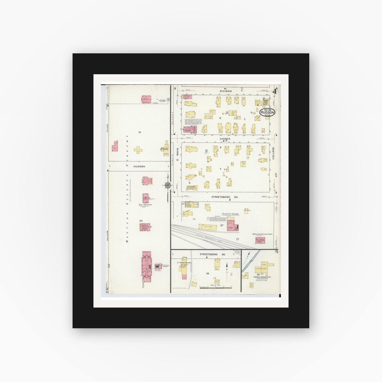 Old map wall art mockup — black gallery frame with white mat — Sanborn Fire Insurance Map from Hudson, Summit County, Ohio (1916), Sheet #0004