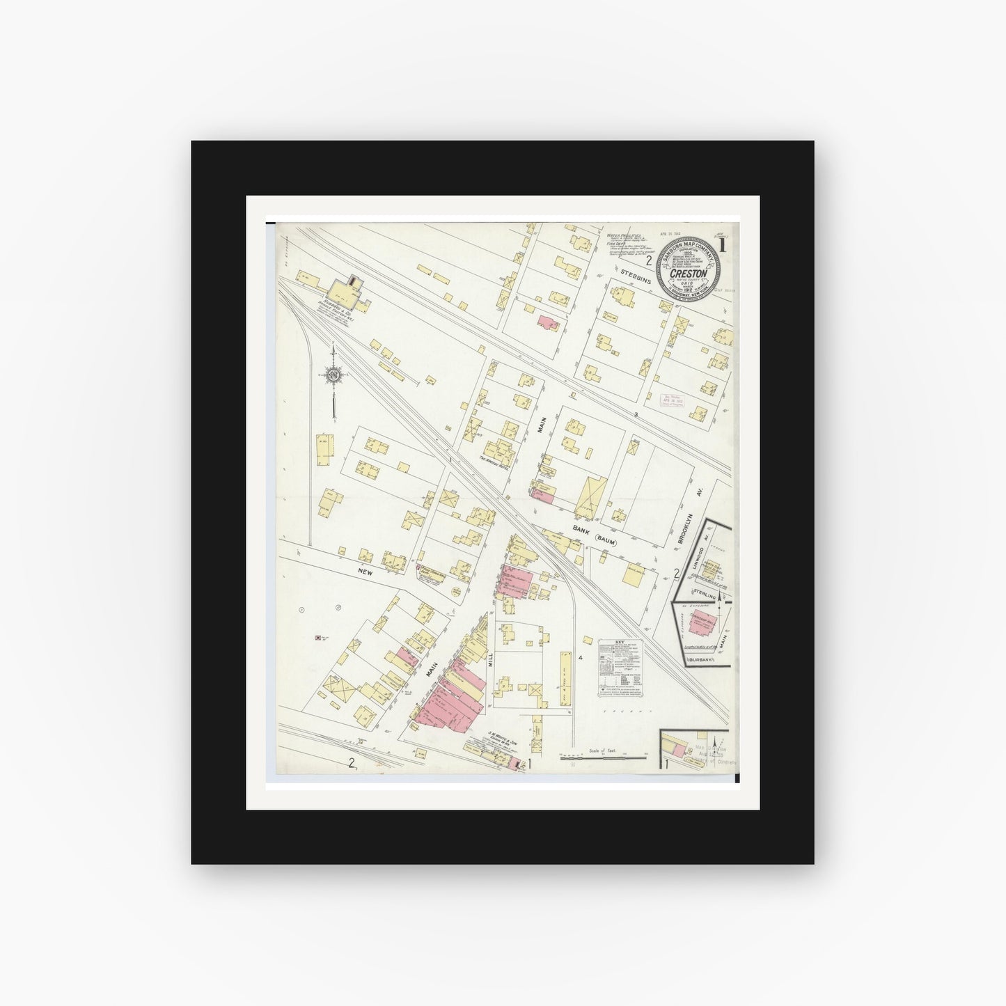 Old map wall art mockup — black gallery frame with white mat — Sanborn Fire Insurance Map from Creston, Wayne County, Ohio (1912), Sheet #0001