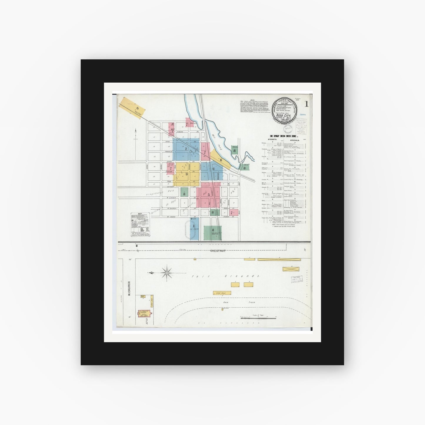 Old map wall art mockup — black gallery frame with white mat — Sanborn Fire Insurance Map from Reed City, Osceola County, Michigan (1900), Sheet #0001
