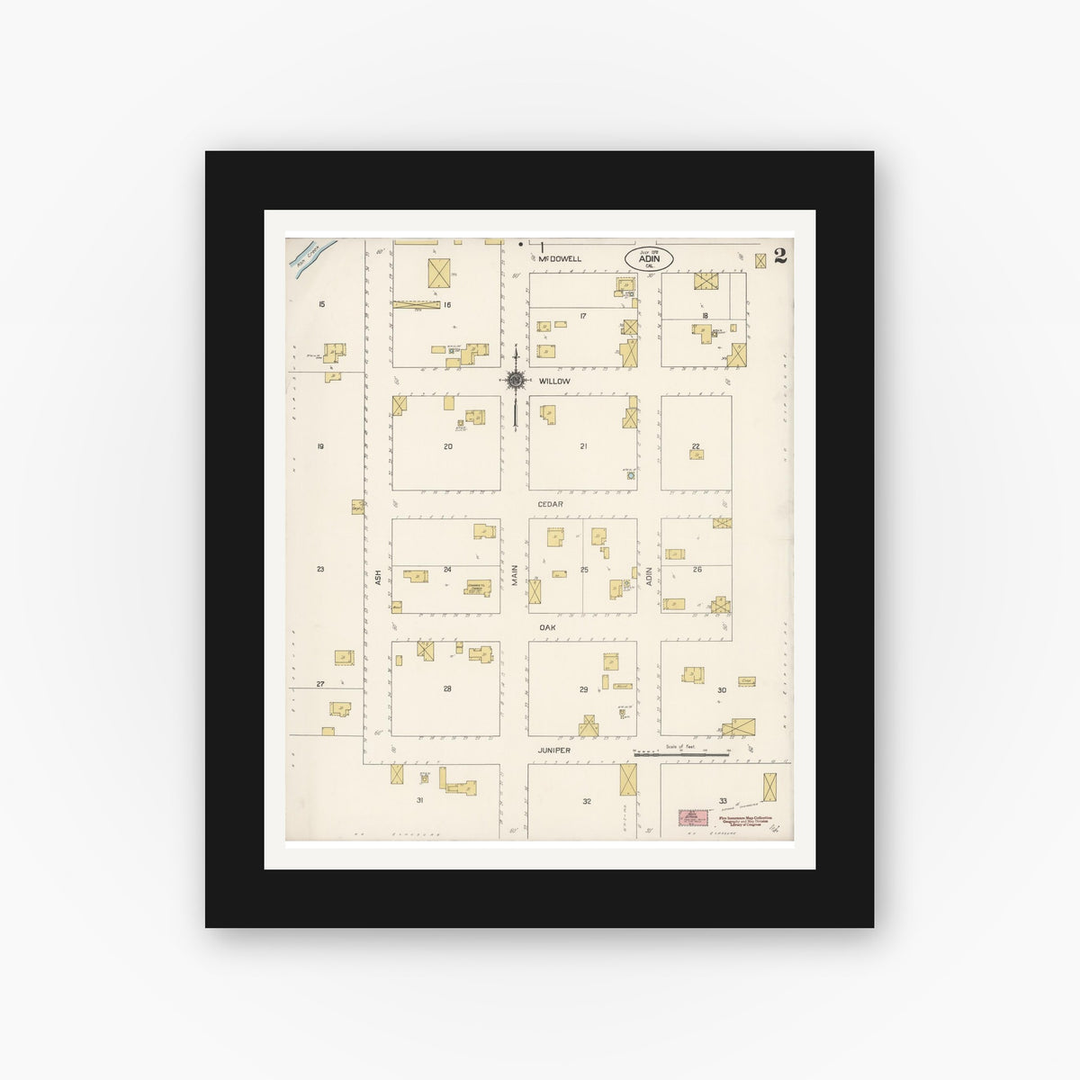 Old map wall art mockup — black gallery frame with white mat — Sanborn Fire Insurance Map from Adin, Modoc County, California (1912), Sheet #0002