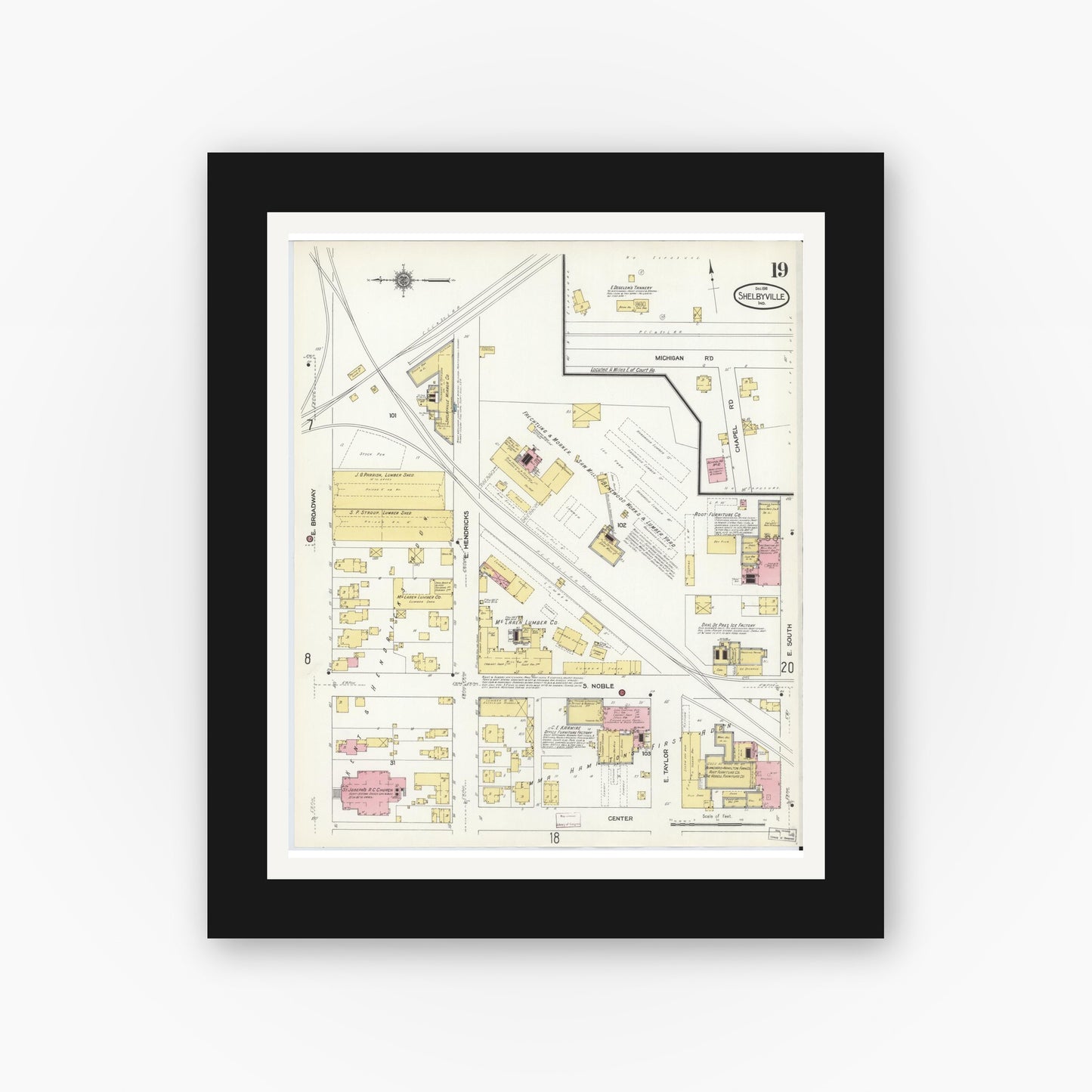 Old map wall art mockup — black gallery frame with white mat — Sanborn Fire Insurance Map from Shelbyville, Shelby County, Indiana (1910), Sheet #0019