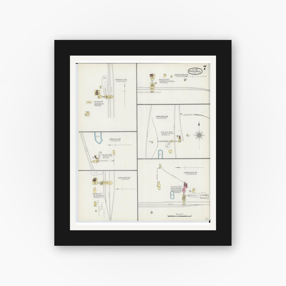 Old map wall art mockup — black gallery frame with white mat — Sanborn Fire Insurance Map from Rich Hill, Bates County, Missouri (1893), Sheet #0007