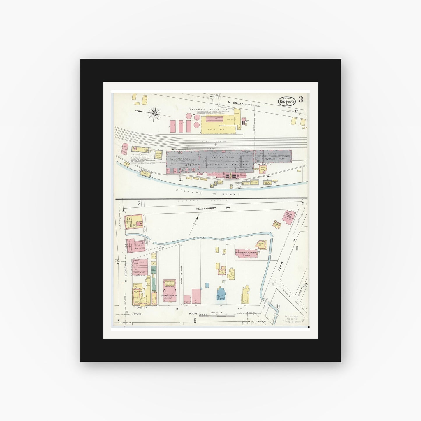 Old map wall art mockup — black gallery frame with white mat — Sanborn Fire Insurance Map from Ridgway, Elk County, Pennsylvania (1909), Sheet #0003
