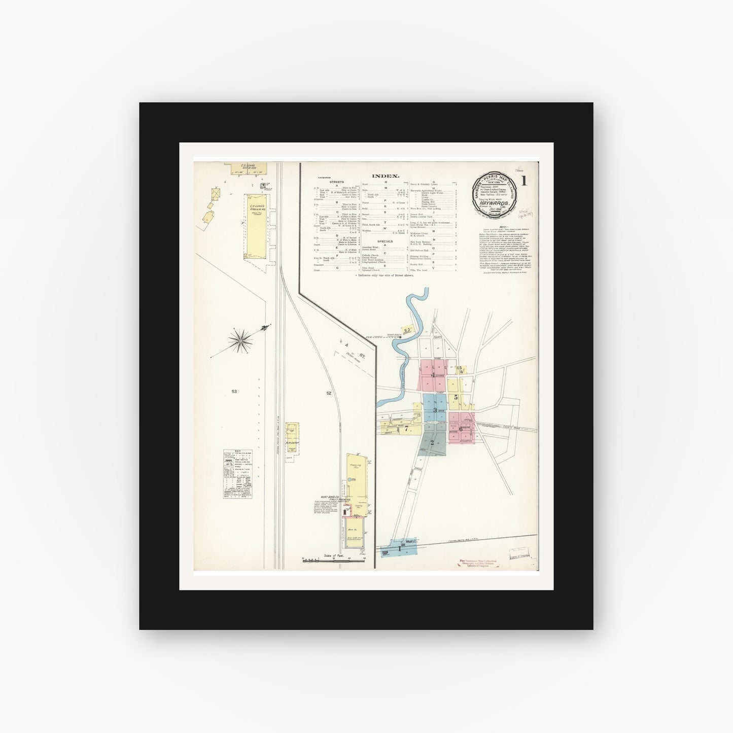 Old map wall art mockup — black gallery frame with white mat — Sanborn Fire Insurance Map from Hayward, Alameda County, California (1896) - Complete Map Set