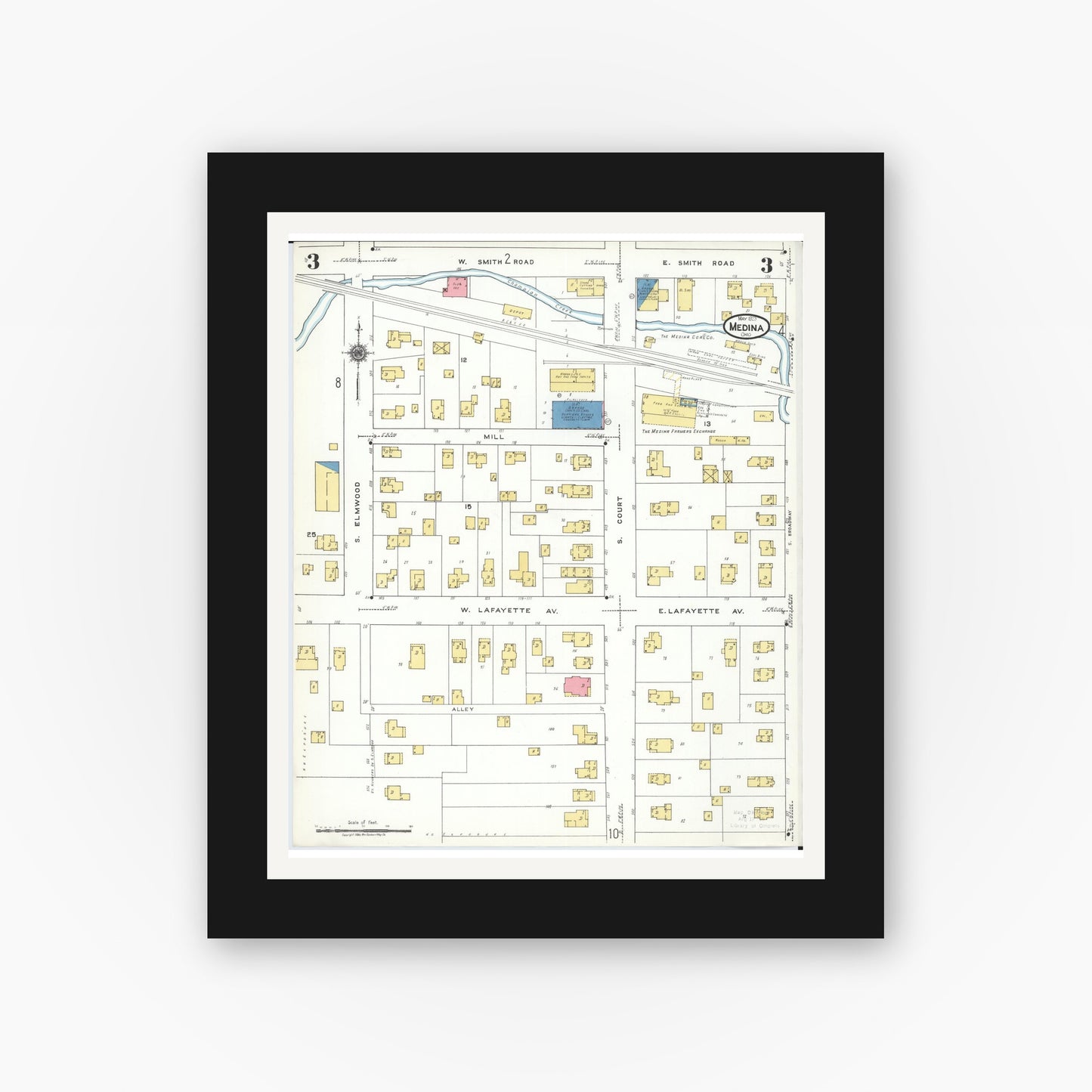 Old map wall art mockup — black gallery frame with white mat — Sanborn Fire Insurance Map from Medina, Medina County, Ohio (1923), Sheet #0003