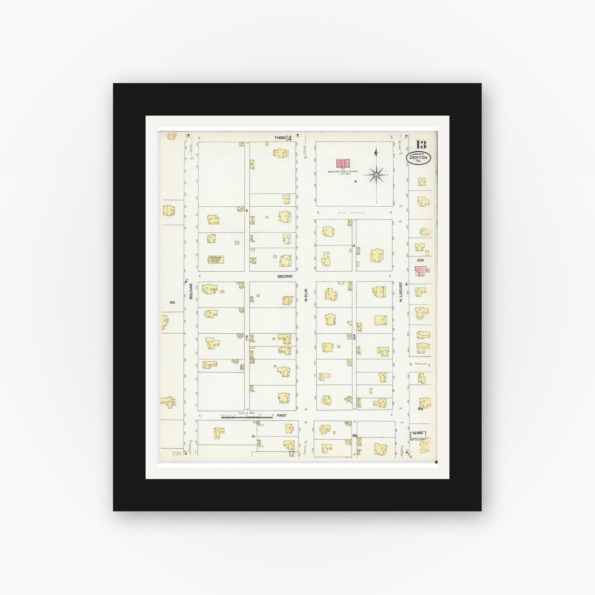 Old map wall art mockup — black gallery frame with white mat — Sanborn Fire Insurance Map from Denton, Denton County, Texas (1907), Sheet #0013