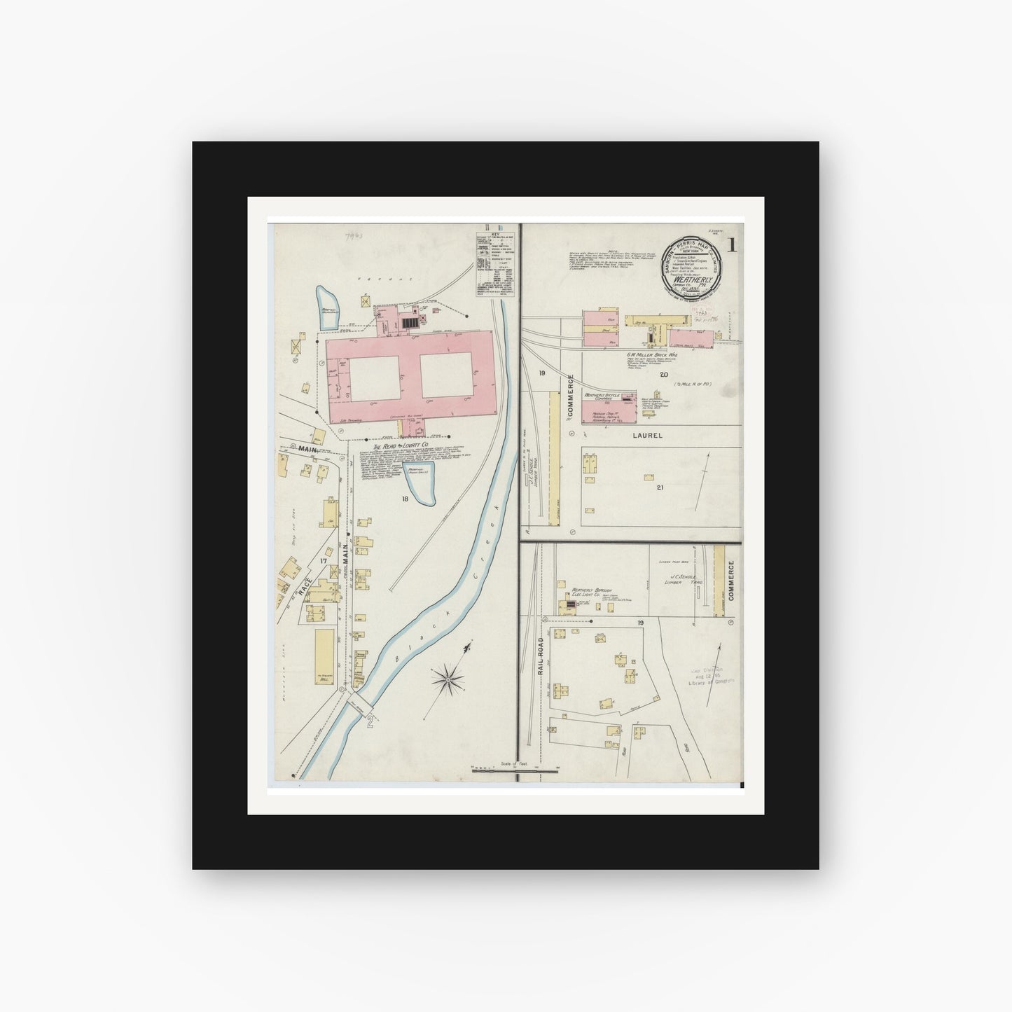 Old map wall art mockup — black gallery frame with white mat — Sanborn Fire Insurance Map from Weatherly, Carbon County, Pennsylvania (1895) - Complete Map Set