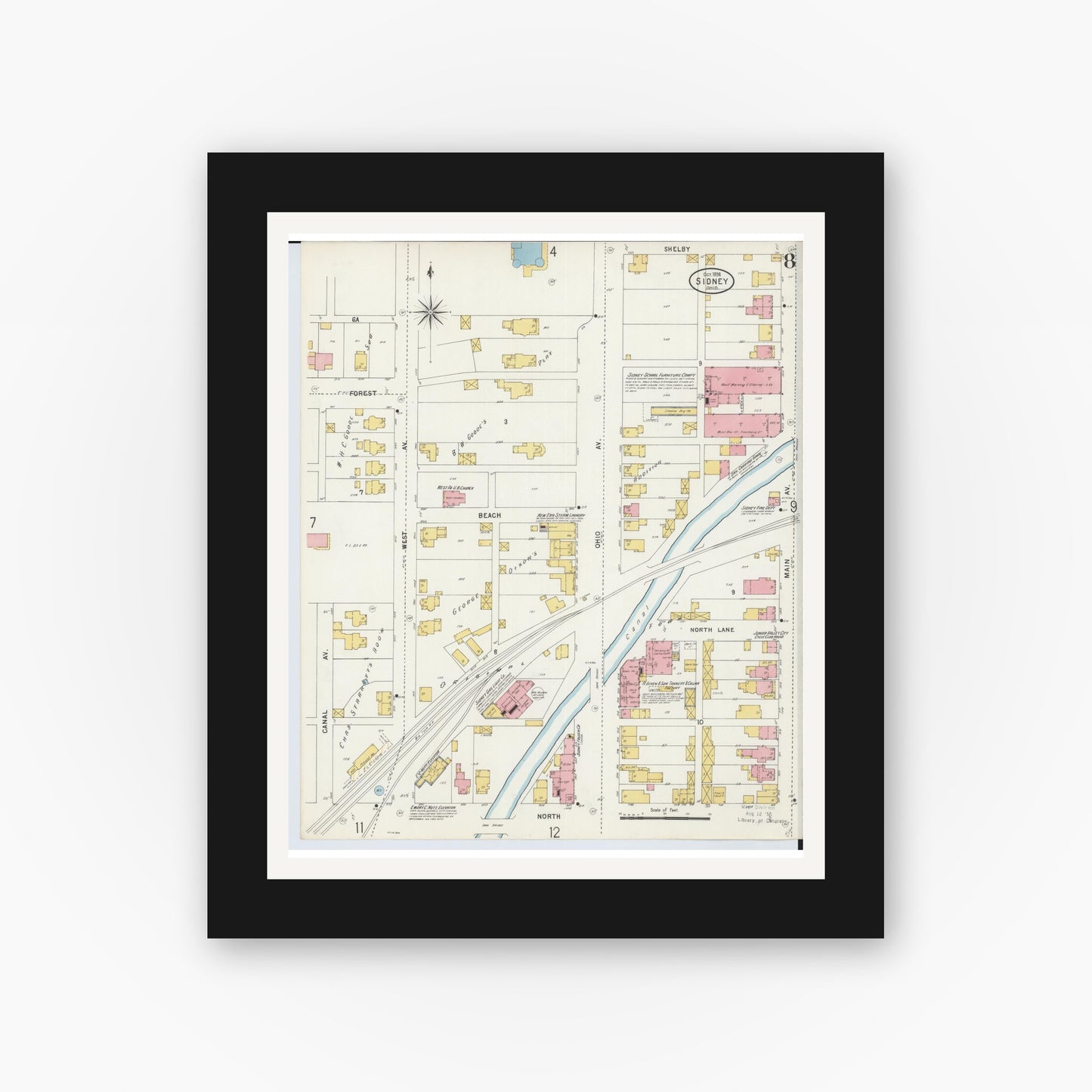 Old map wall art mockup — black gallery frame with white mat — Sanborn Fire Insurance Map from Sidney, Shelby County, Ohio (1898), Sheet #0008