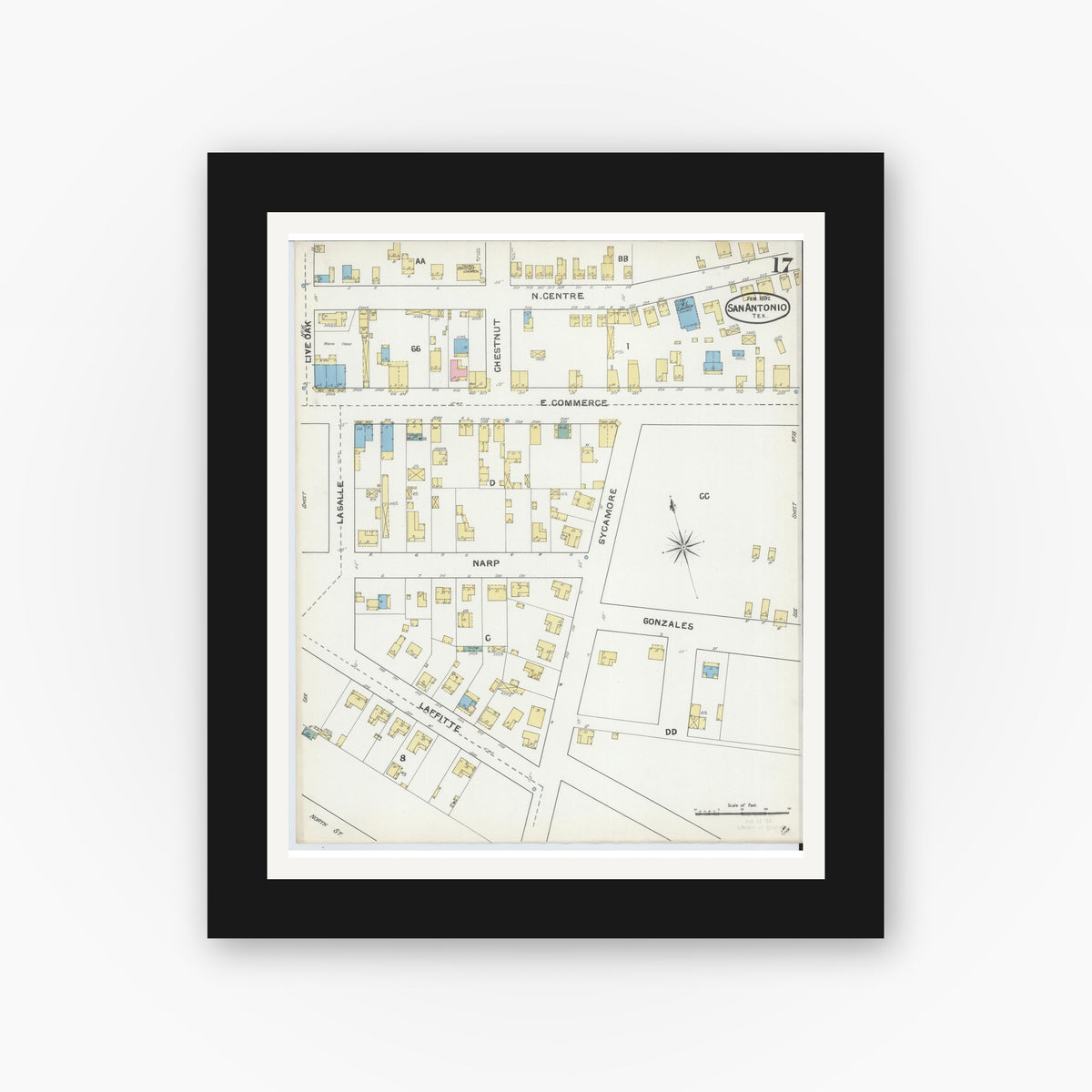Old map wall art mockup — black gallery frame with white mat — Sanborn Fire Insurance Map from San Antonio, Bexar County, Texas (1892), Sheet #0017