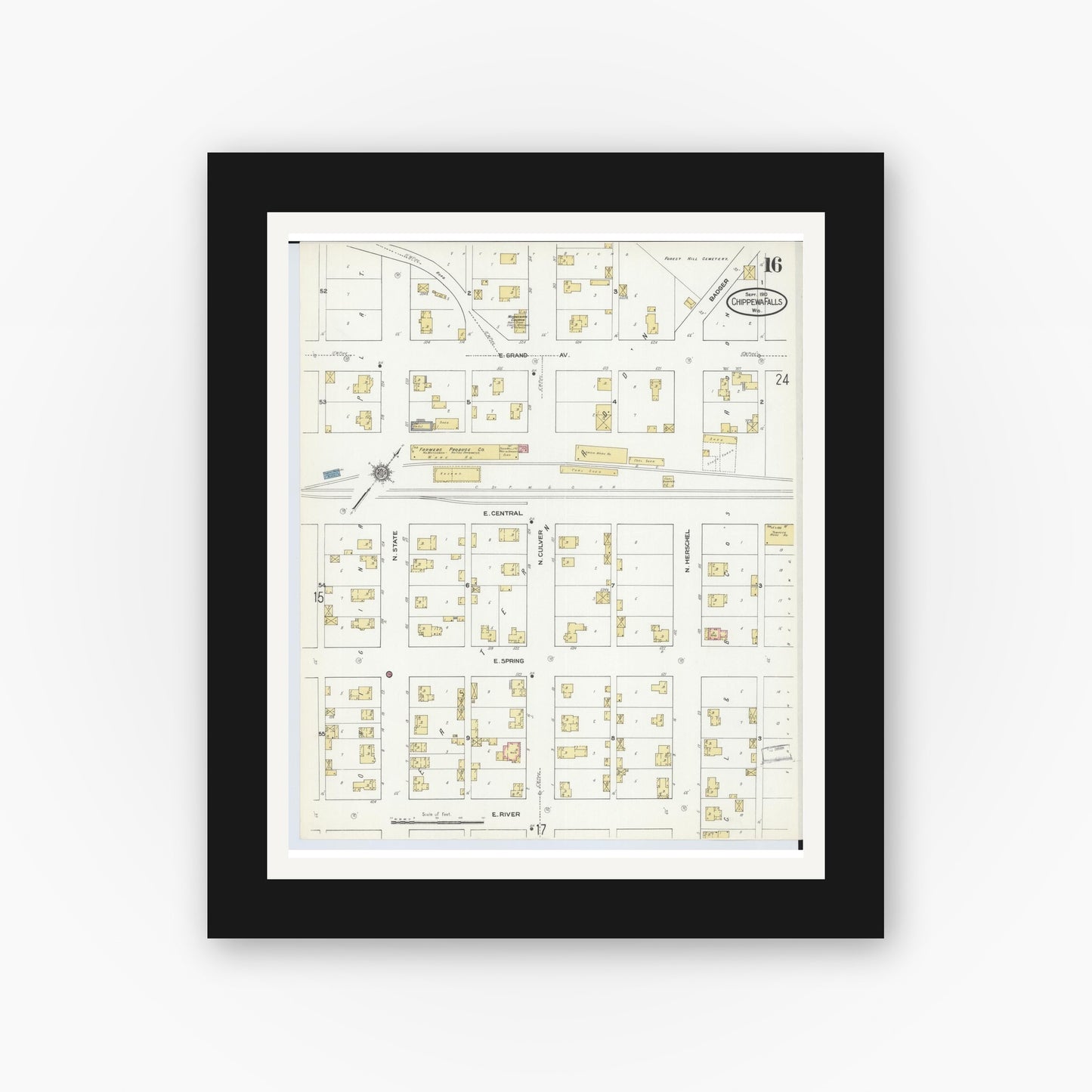 Old map wall art mockup — black gallery frame with white mat — Sanborn Fire Insurance Map from Chippewa Falls, Chippewa County, Wisconsin (1910), Sheet #0016