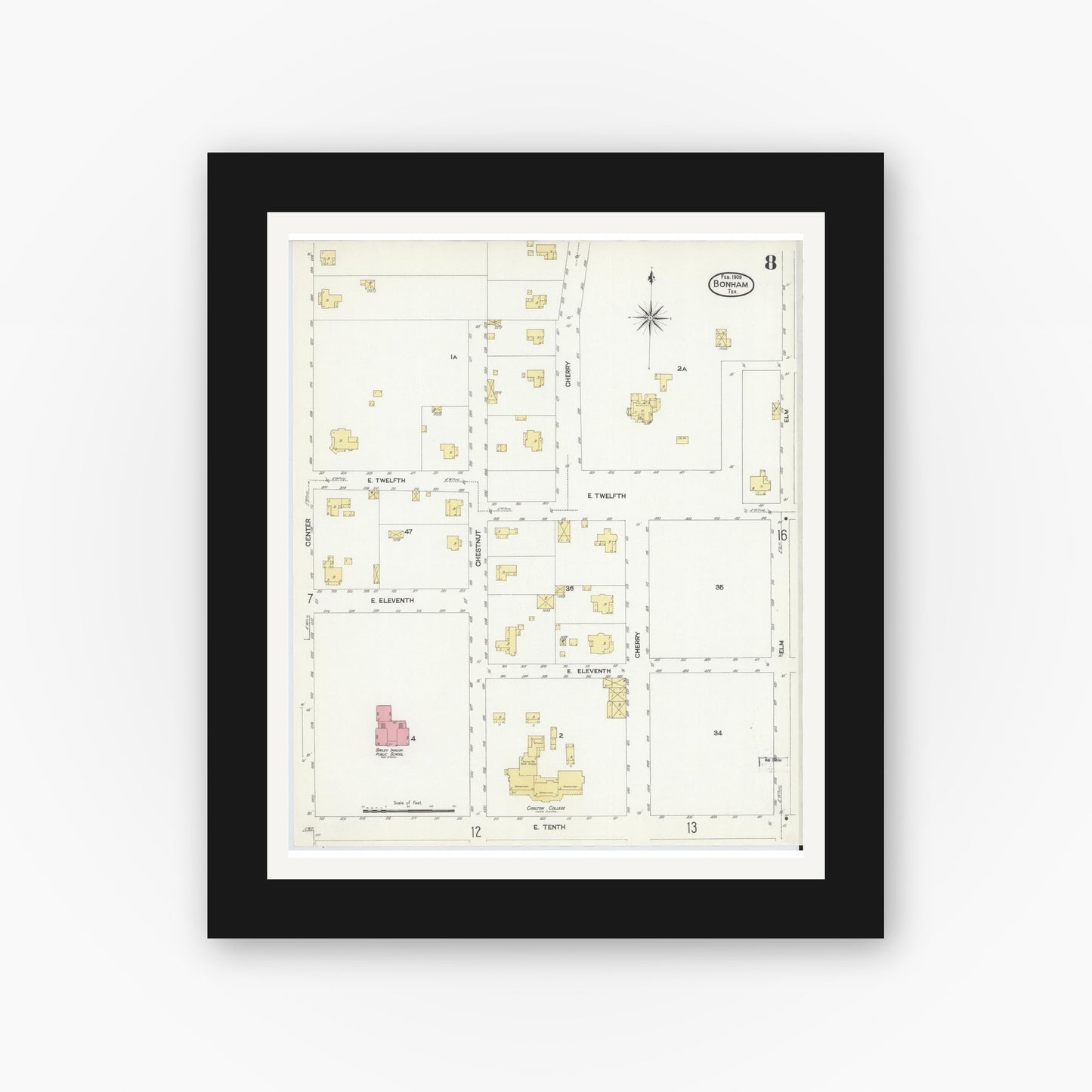 Old map wall art mockup — black gallery frame with white mat — Sanborn Fire Insurance Map from Bonham, Fannin County, Texas (1909), Sheet #0008