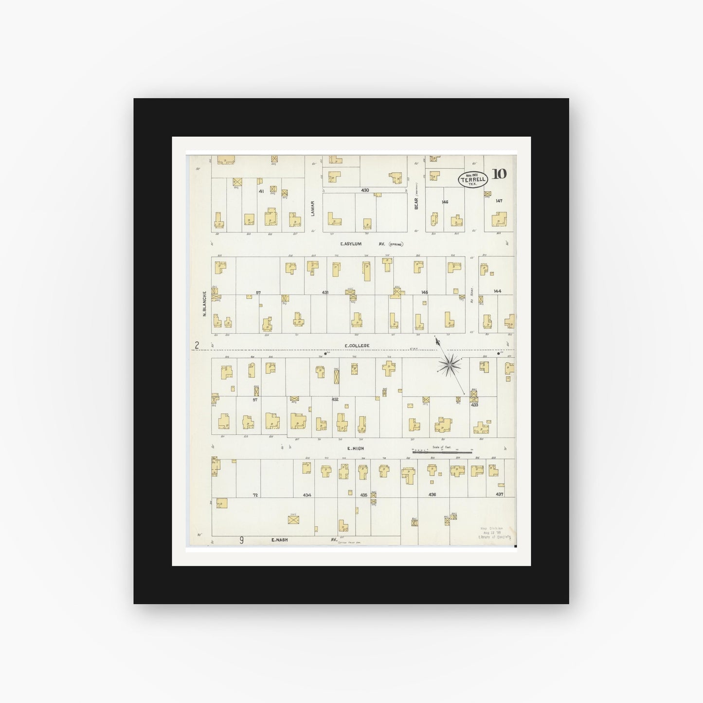 Old map wall art mockup — black gallery frame with white mat — Sanborn Fire Insurance Map from Terrell, Kaufman County, Texas (1902), Sheet #0010