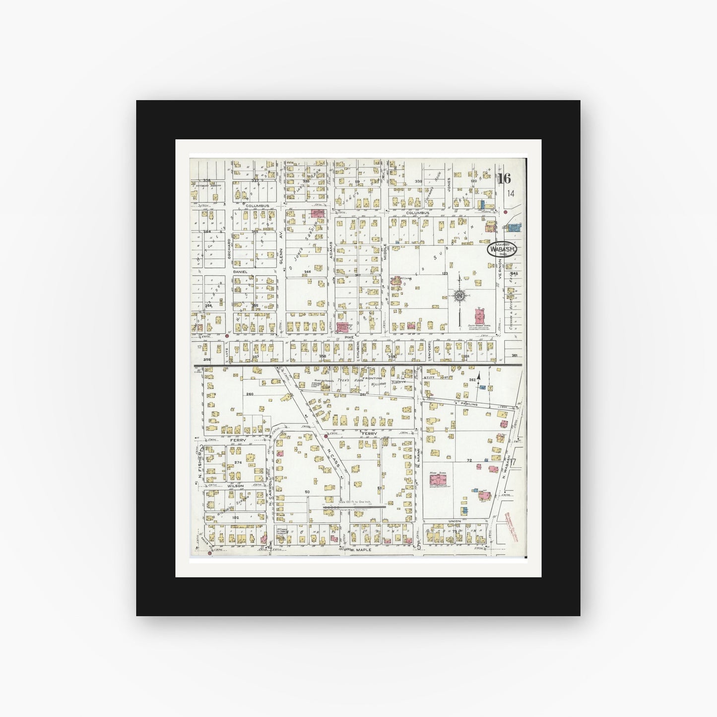 Old map wall art mockup — black gallery frame with white mat — Sanborn Fire Insurance Map from Wabash, Wabash County, Indiana (1920), Sheet #0016
