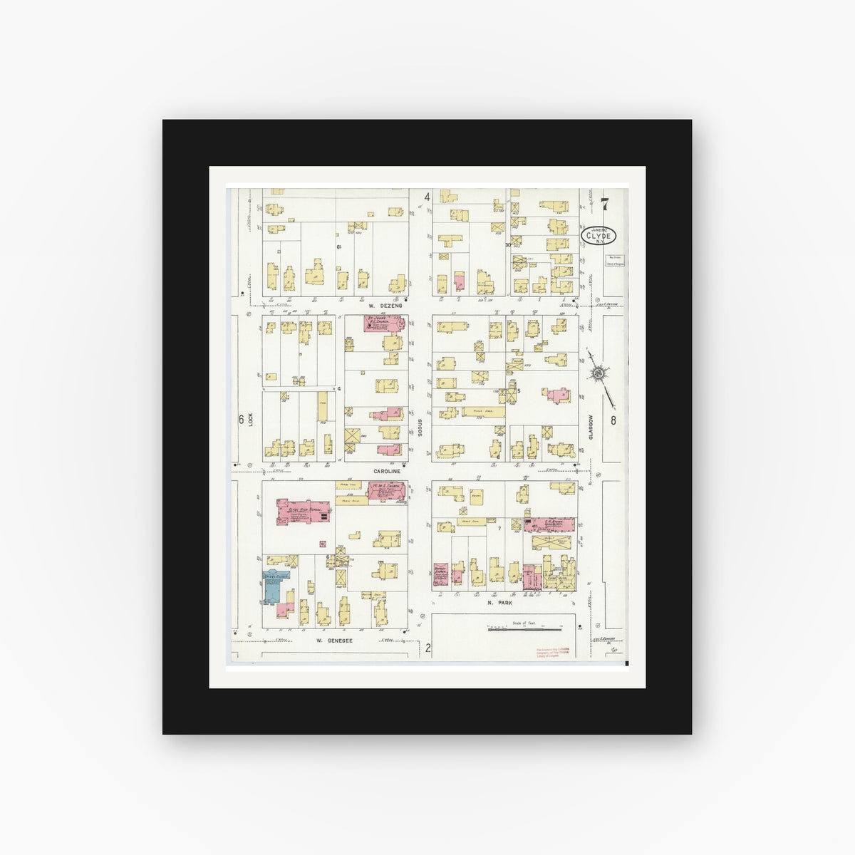 Old map wall art mockup — black gallery frame with white mat — Sanborn Fire Insurance Map from Clyde, Wayne County, New York (1912), Sheet #0007