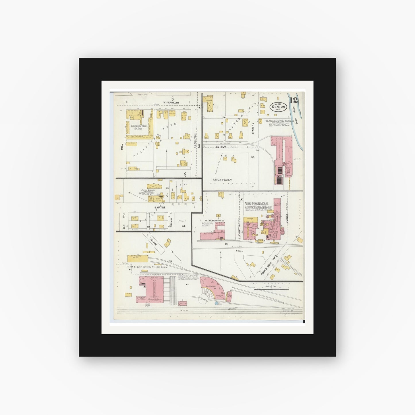 Old map wall art mockup — black gallery frame with white mat — Sanborn Fire Insurance Map from Kenton, Hardin County, Ohio (1902), Sheet #0012