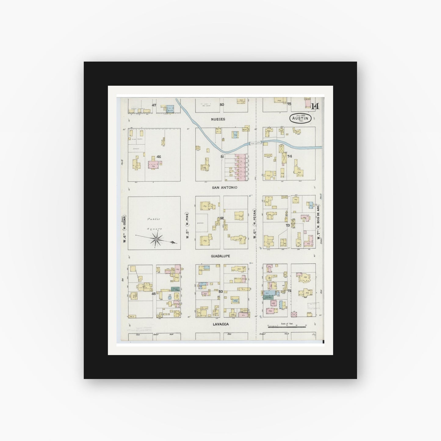 Old map wall art mockup — black gallery frame with white mat — Sanborn Fire Insurance Map from Austin, Travis County, Texas (1889), Sheet #0014