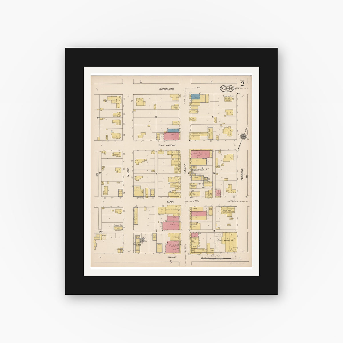 Old map wall art mockup — black gallery frame with white mat — Sanborn Fire Insurance Map from Runge, Karnes County, Texas (1922), Sheet #0002