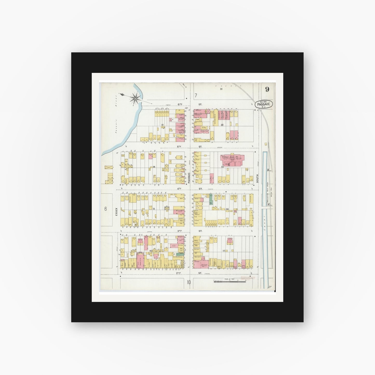 Old map wall art mockup — black gallery frame with white mat — Sanborn Fire Insurance Map from Passaic, Passaic County, New Jersey (1903), Sheet #0009