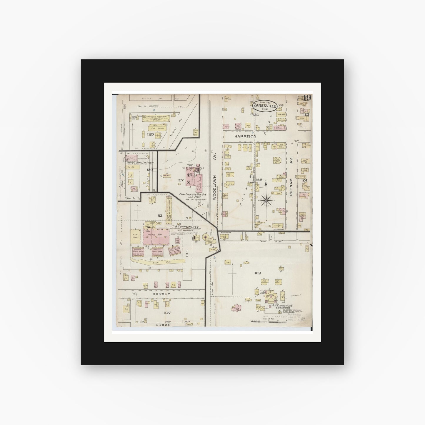 Old map wall art mockup — black gallery frame with white mat — Sanborn Fire Insurance Map from Zanesville, Muskingum County, Ohio (1886), Sheet #0019