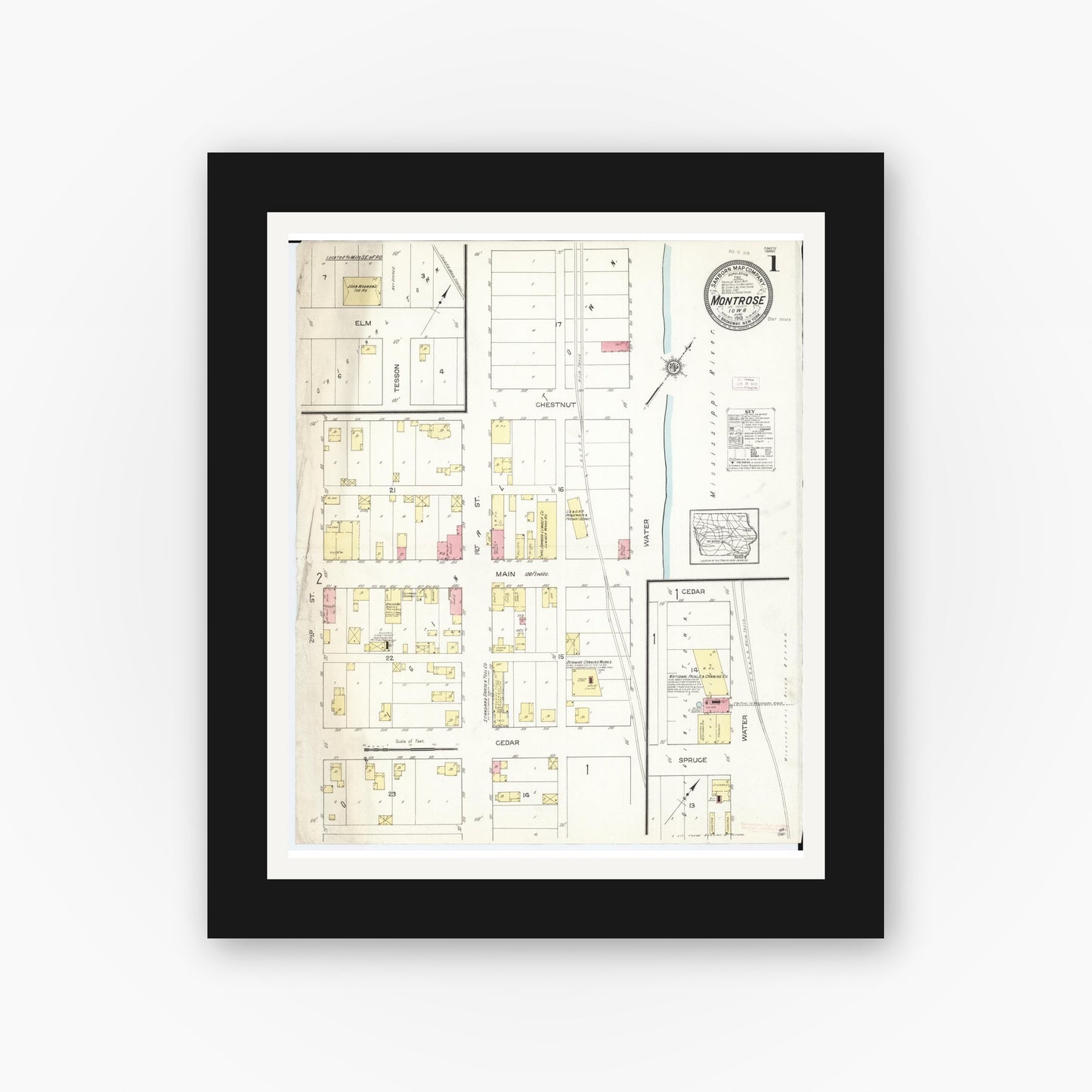 Old map wall art mockup — black gallery frame with white mat — Sanborn Fire Insurance Map from Montrose, Lee County, Iowa (1913) — Complete Set