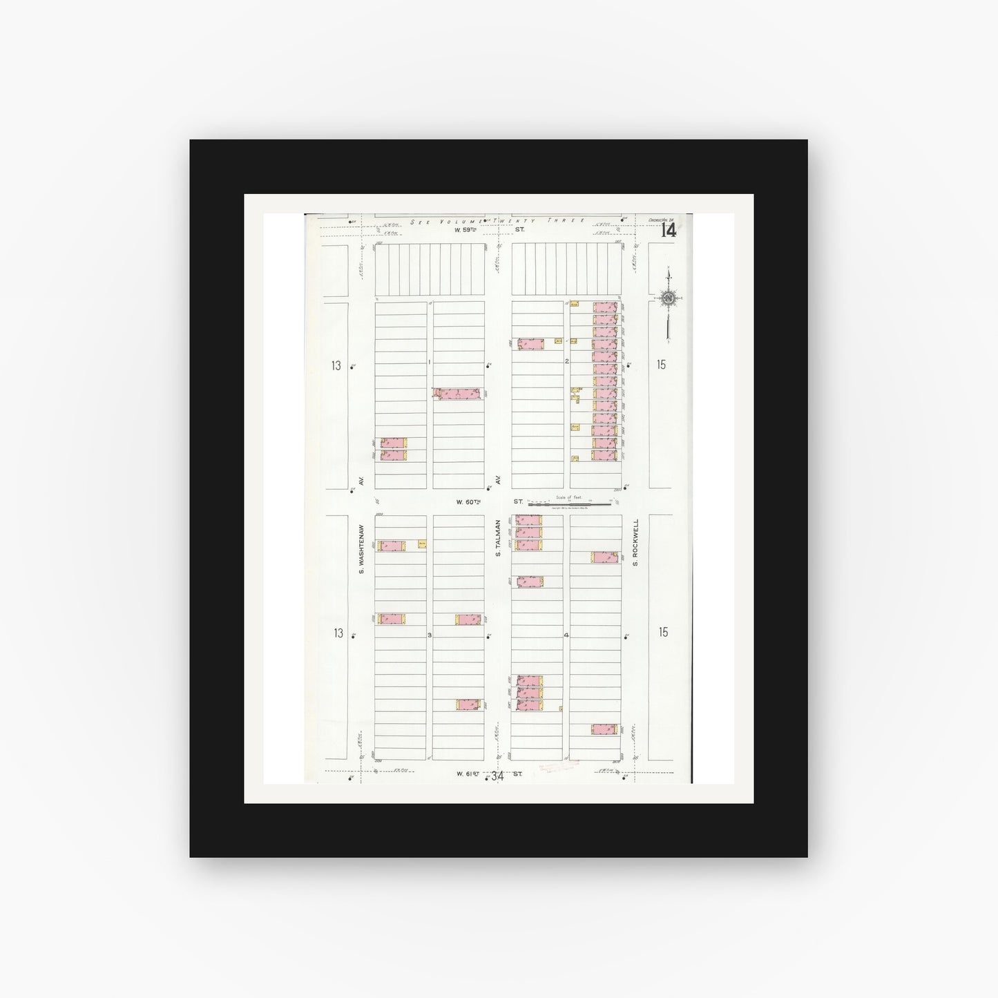 Old map wall art mockup — black gallery frame with white mat — Sanborn Fire Insurance Map from Chicago, Cook County, Illinois (1920), Sheet #0014
