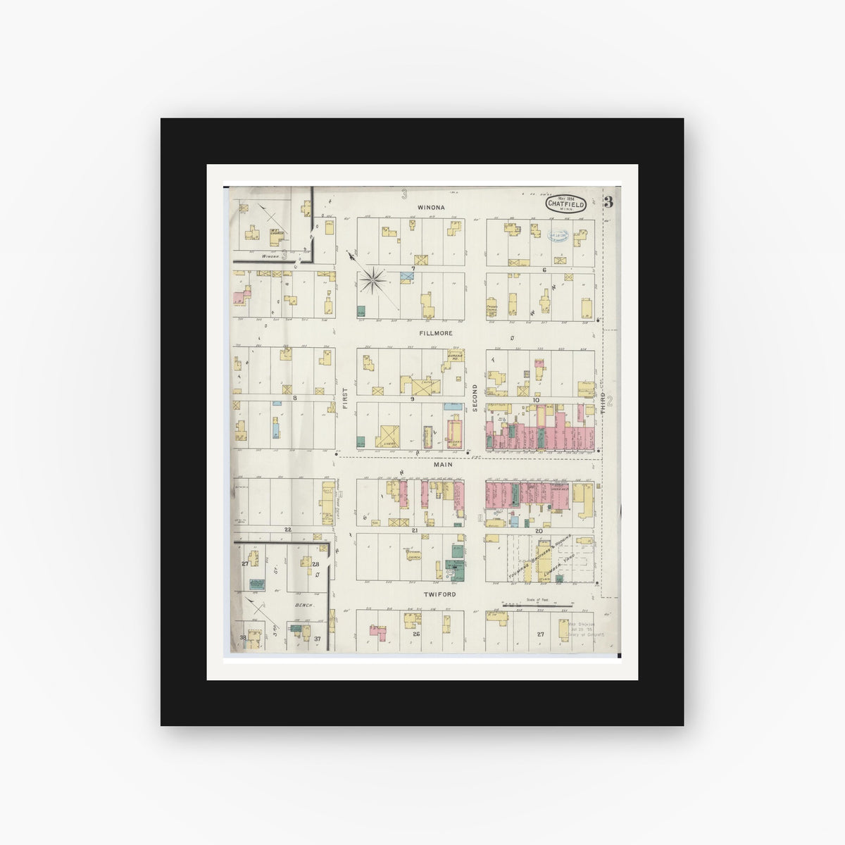 Old map wall art mockup — black gallery frame with white mat — Sanborn Fire Insurance Map from Chatfield, Fillmore And Olmsted Counties, Minnesota (1894), Sheet #0003