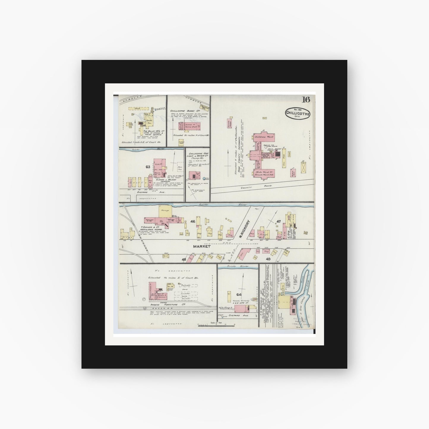 Old map wall art mockup — black gallery frame with white mat — Sanborn Fire Insurance Map from Chillicothe, Ross County, Ohio (1890), Sheet #0016