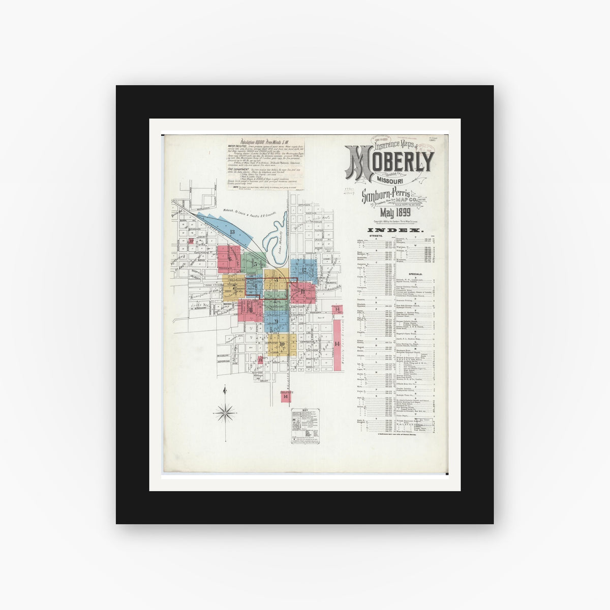 Old map wall art mockup — black gallery frame with white mat — Sanborn Fire Insurance Map from Moberly, Randolph County, Missouri (1899) - Complete Map Set