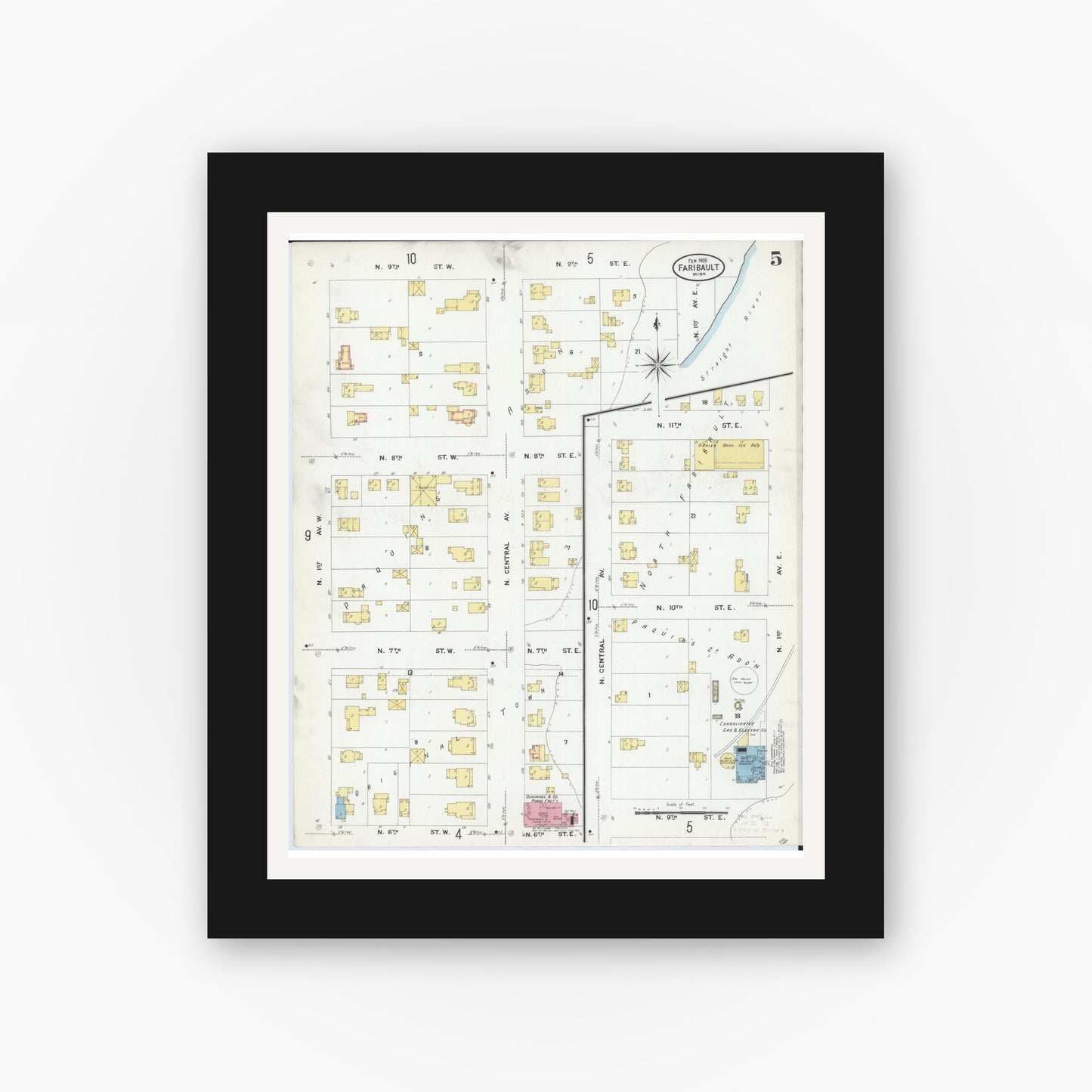 Old map wall art mockup — black gallery frame with white mat — Sanborn Fire Insurance Map from Faribault, Rice County, Minnesota (1909), Sheet #0005