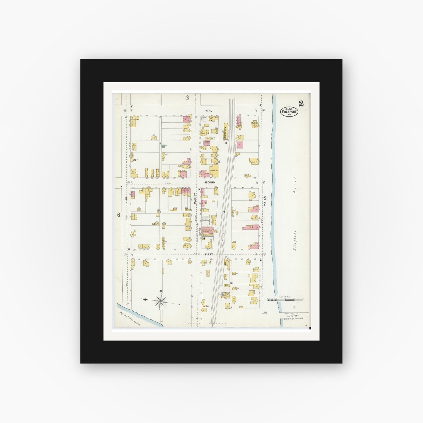 Old map wall art mockup — black gallery frame with white mat — Sanborn Fire Insurance Map from Freeport, Armstrong County, Pennsylvania (1902), Sheet #0002