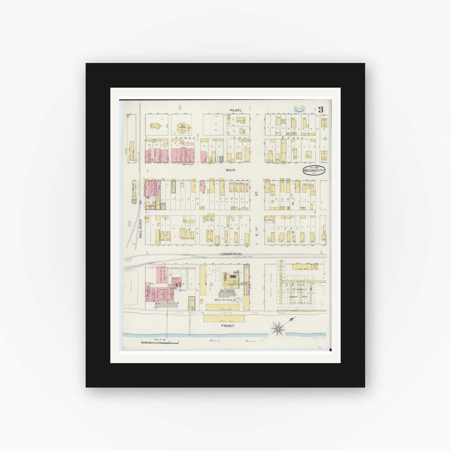 Old map wall art mockup — black gallery frame with white mat — Sanborn Fire Insurance Map from Mound City, Pulaski County, Illinois (1894), Sheet #0003