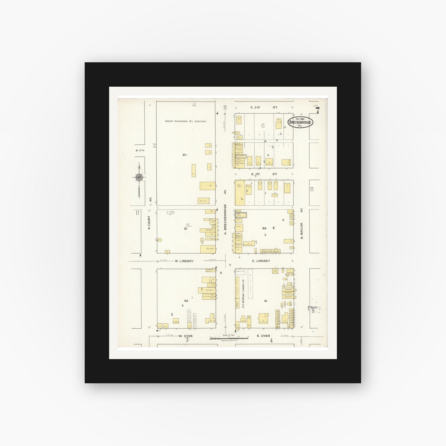 Old map wall art mockup — black gallery frame with white mat — Sanborn Fire Insurance Map from Breckenridge, Stephens County, Texas (1921), Sheet #0007