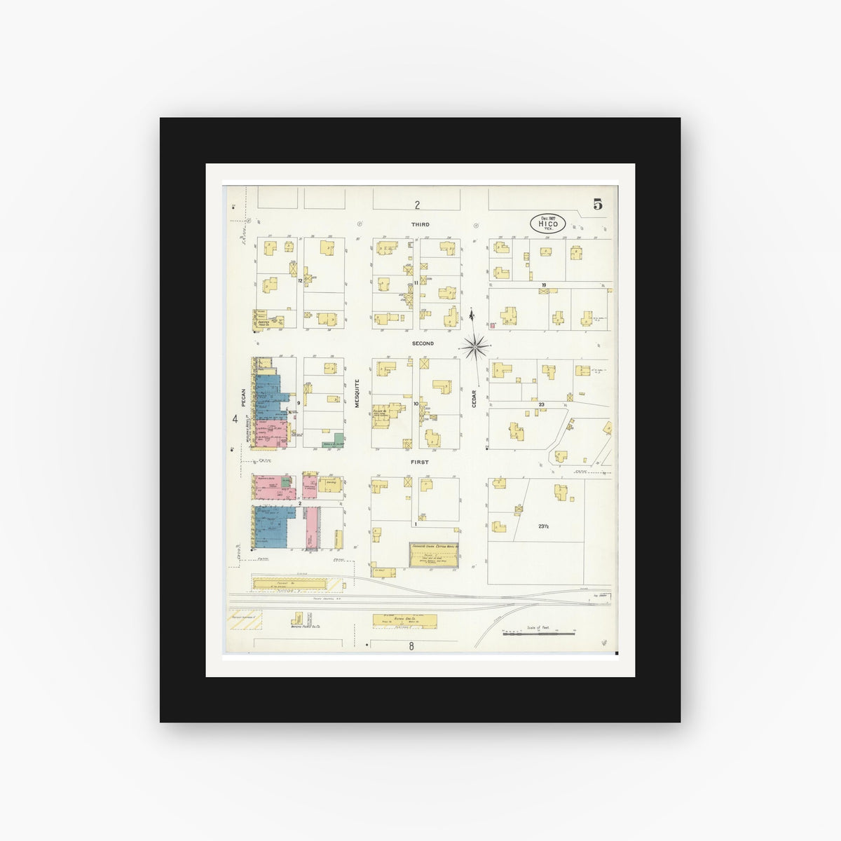 Old map wall art mockup — black gallery frame with white mat — Sanborn Fire Insurance Map from Hico, Hamilton County, Texas (1907), Sheet #0005