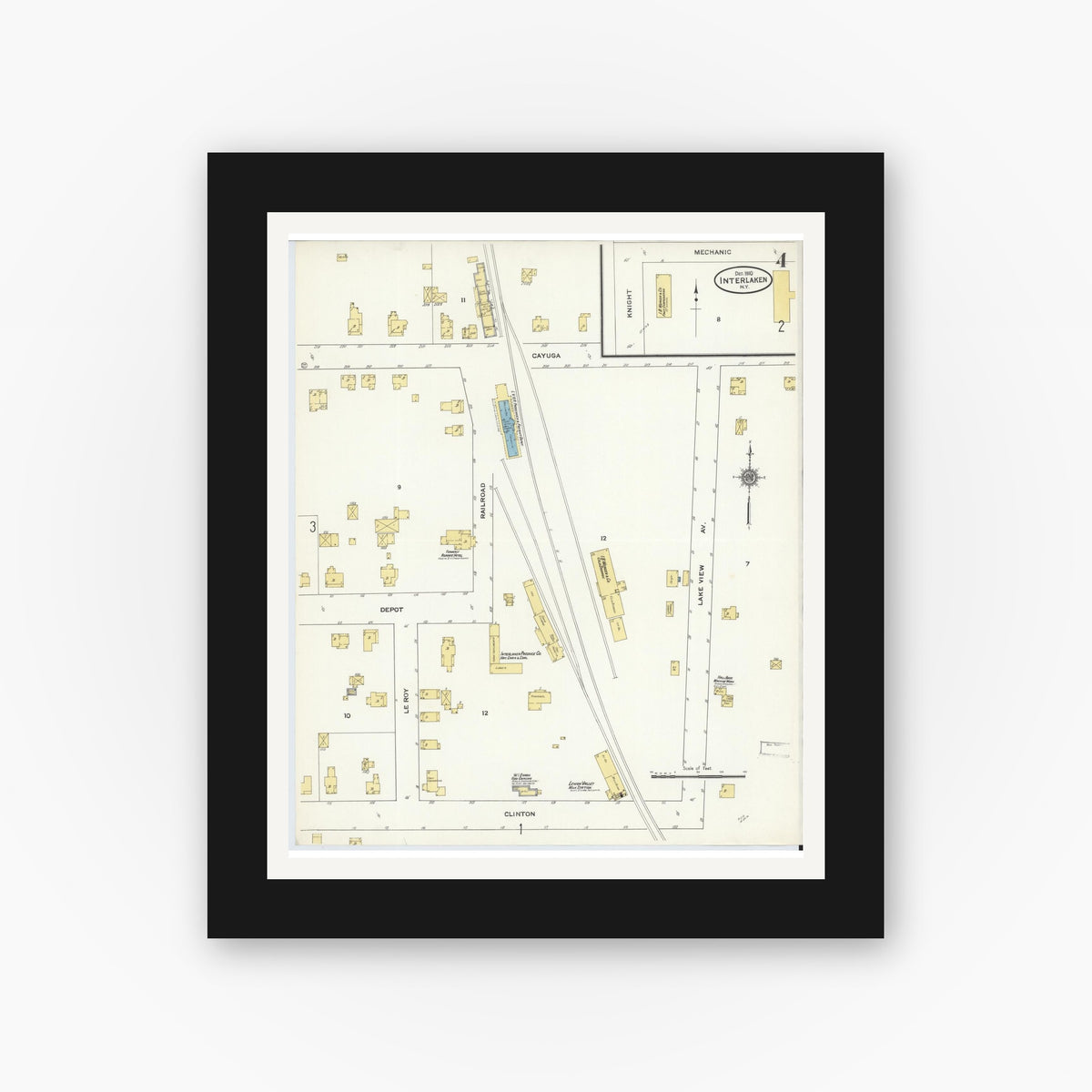 Old map wall art mockup — black gallery frame with white mat — Sanborn Fire Insurance Map from Interlaken, Seneca County, New York (1910), Sheet #0004