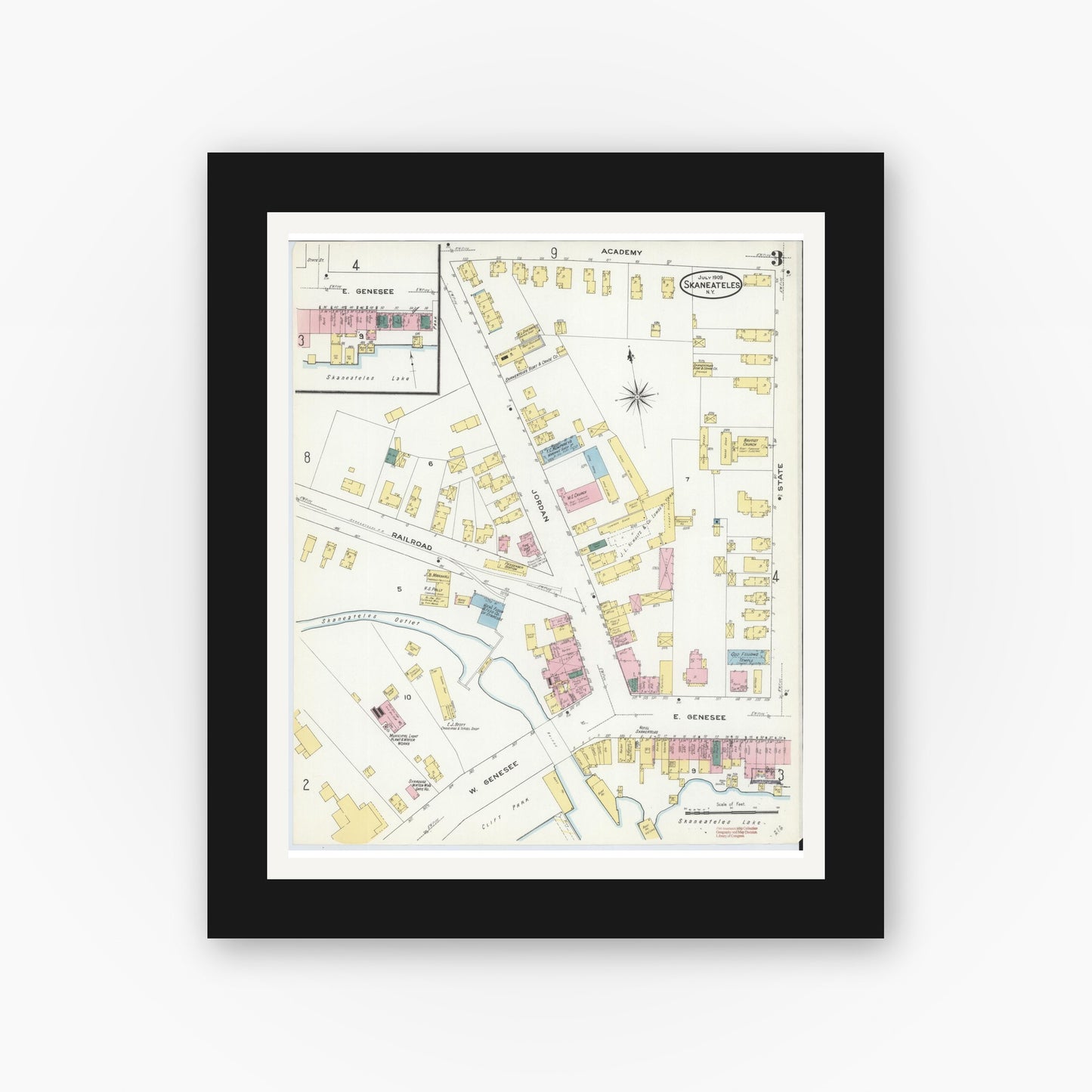 Old map wall art mockup — black gallery frame with white mat — Sanborn Fire Insurance Map from Skaneateles, Onondaga County, New York (1909), Sheet #0003