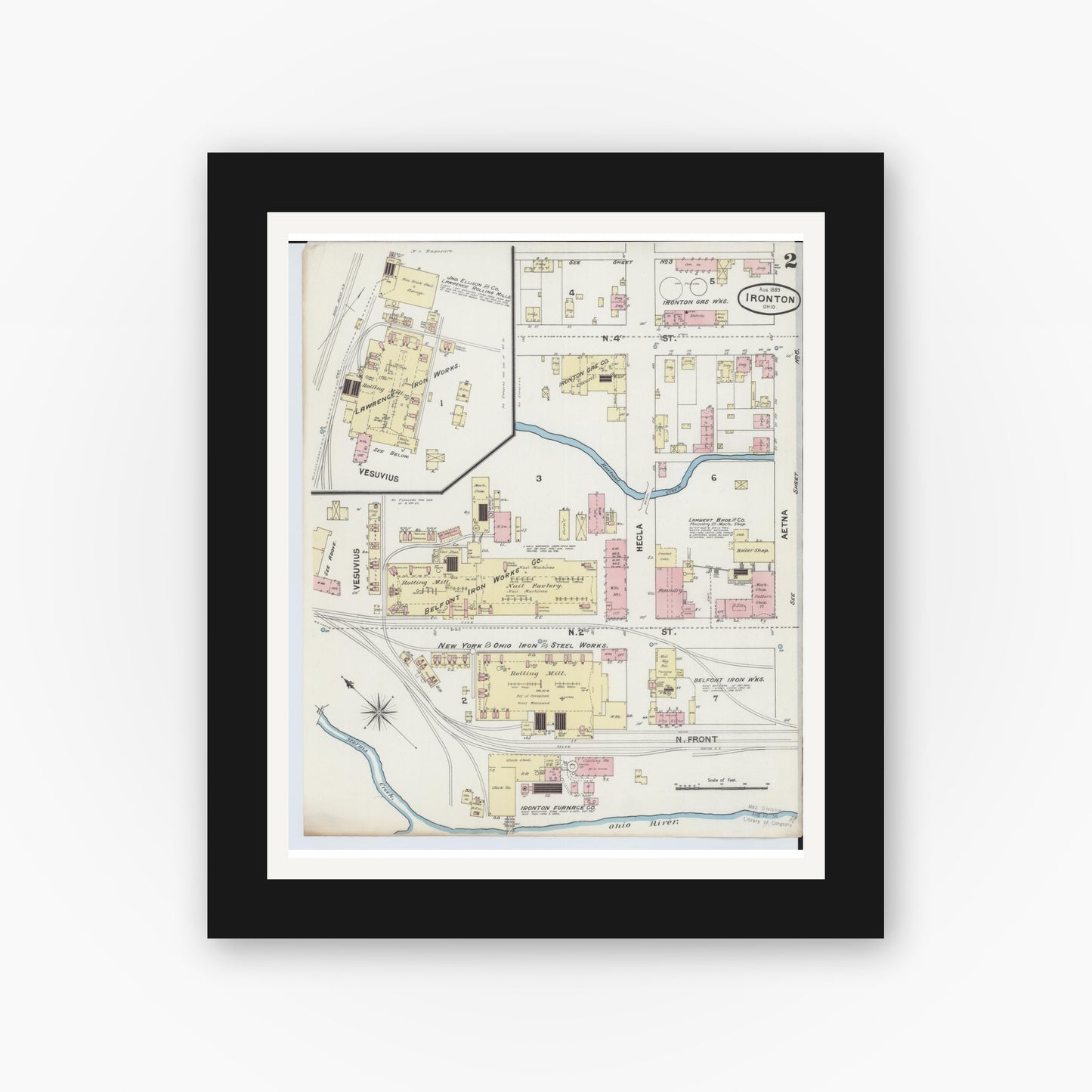Old map wall art mockup — black gallery frame with white mat — Sanborn Fire Insurance Map from Ironton, Lawrence County, Ohio (1889), Sheet #0002