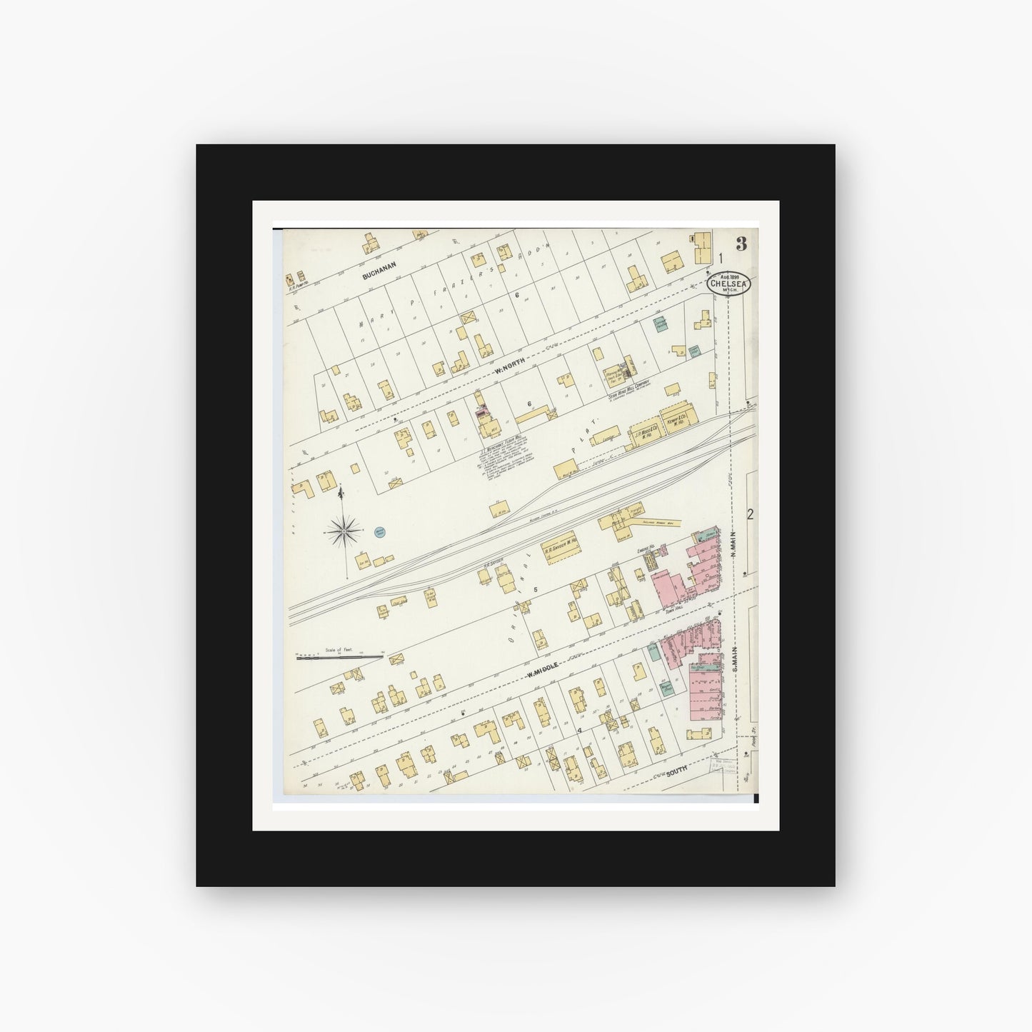 Old map wall art mockup — black gallery frame with white mat — Sanborn Fire Insurance Map from Chelsea, Washtenaw County, Michigan (1899), Sheet #0003