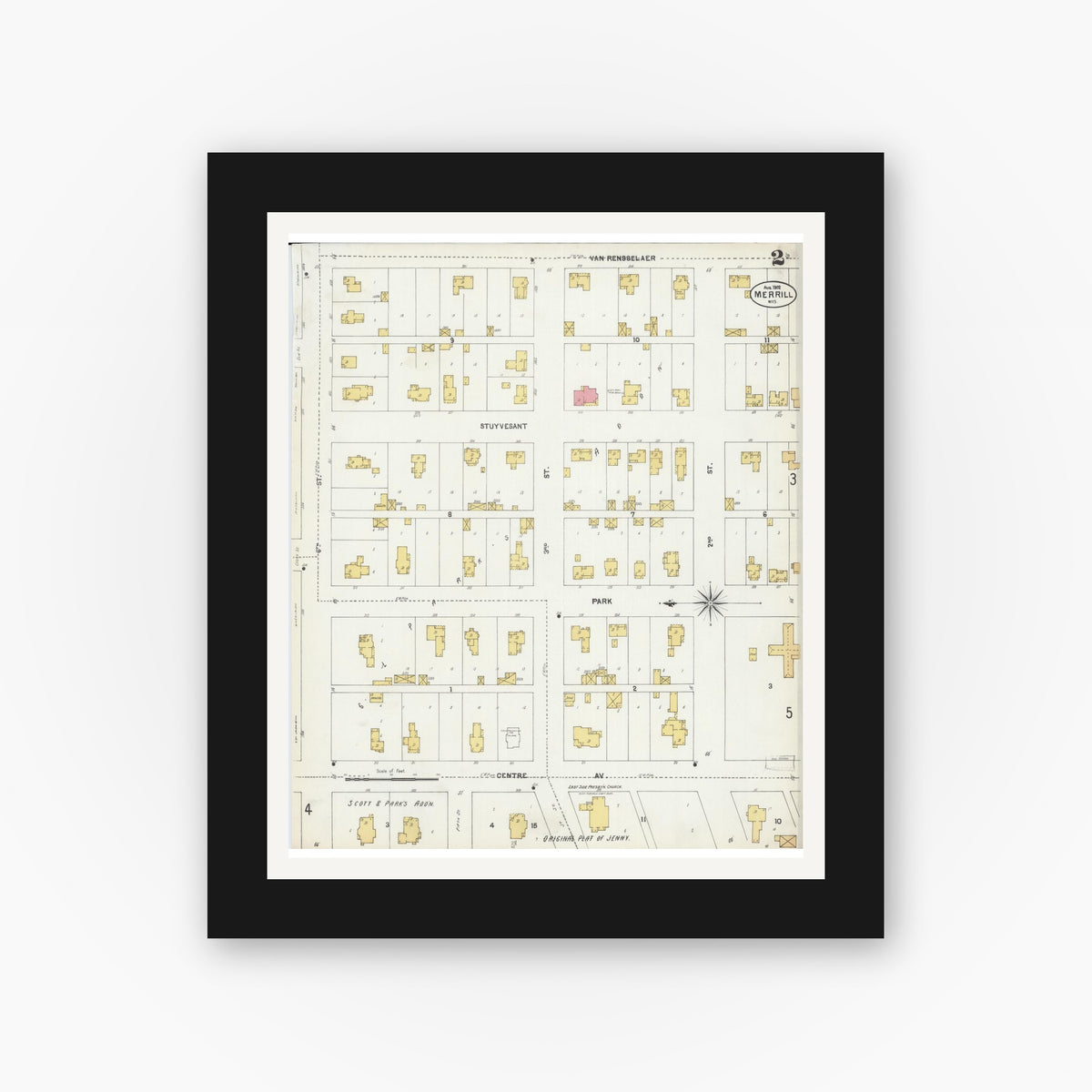 Old map wall art mockup — black gallery frame with white mat — Sanborn Fire Insurance Map from Merrill, Lincoln County, Wisconsin (1902), Sheet #0002