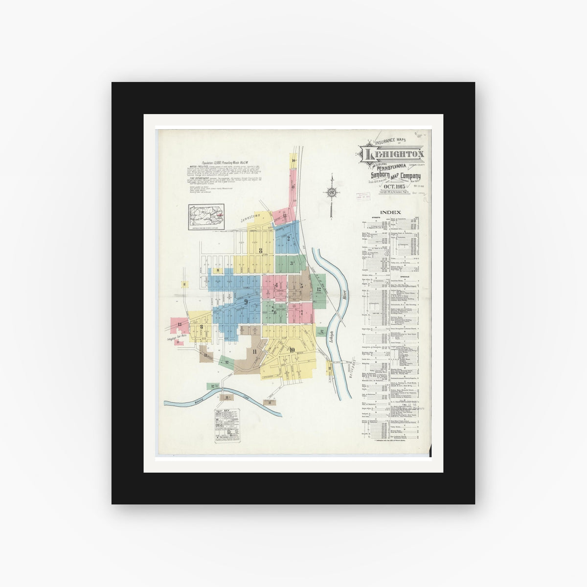 Old map wall art mockup — black gallery frame with white mat — Sanborn Fire Insurance Map from Lehighton, Carbon County, Pennsylvania (1915), Sheet #0001