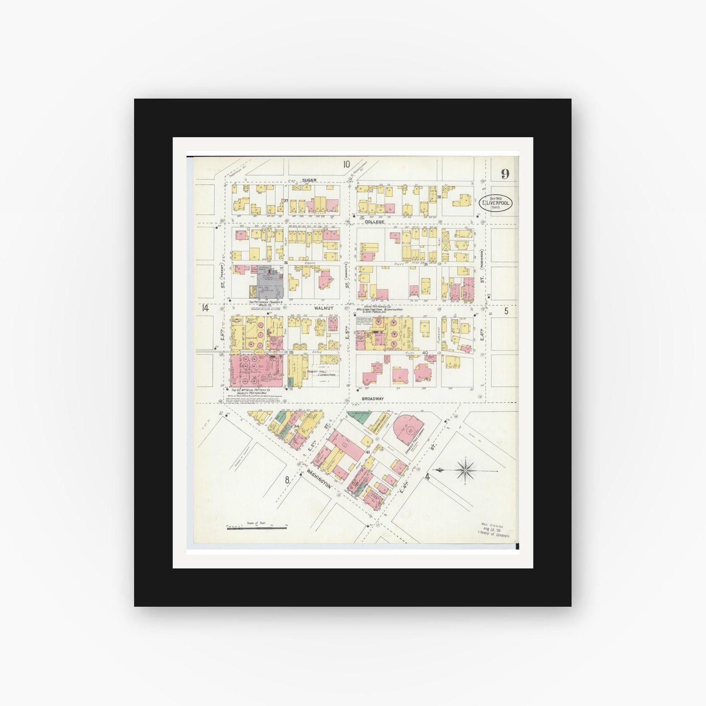 Old map wall art mockup — black gallery frame with white mat — Sanborn Fire Insurance Map from East Liverpool, Columbiana County, Ohio (1903), Sheet #0009