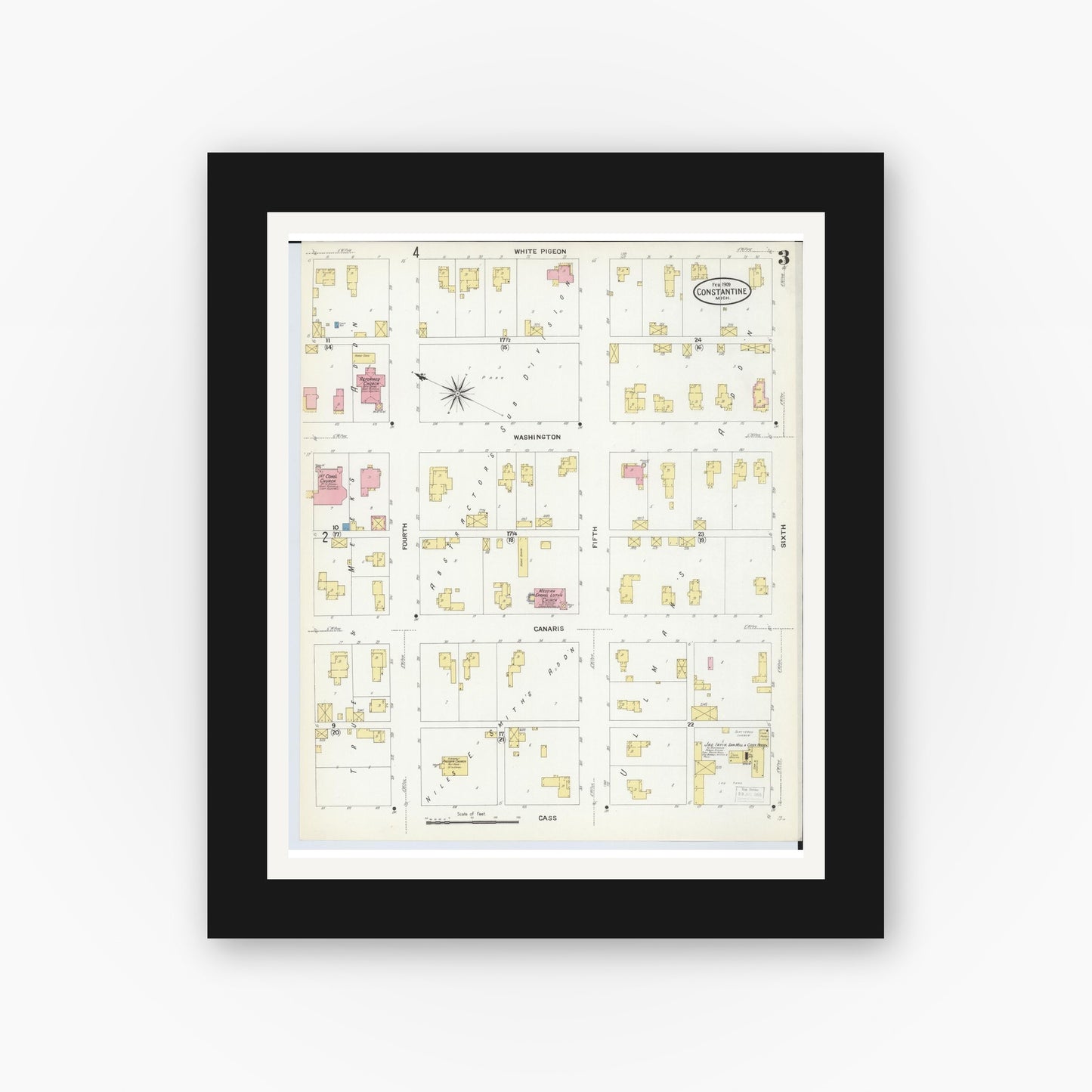 Old map wall art mockup — black gallery frame with white mat — Sanborn Fire Insurance Map from Constantine, Saint Joseph County, Michigan (1909), Sheet #0003