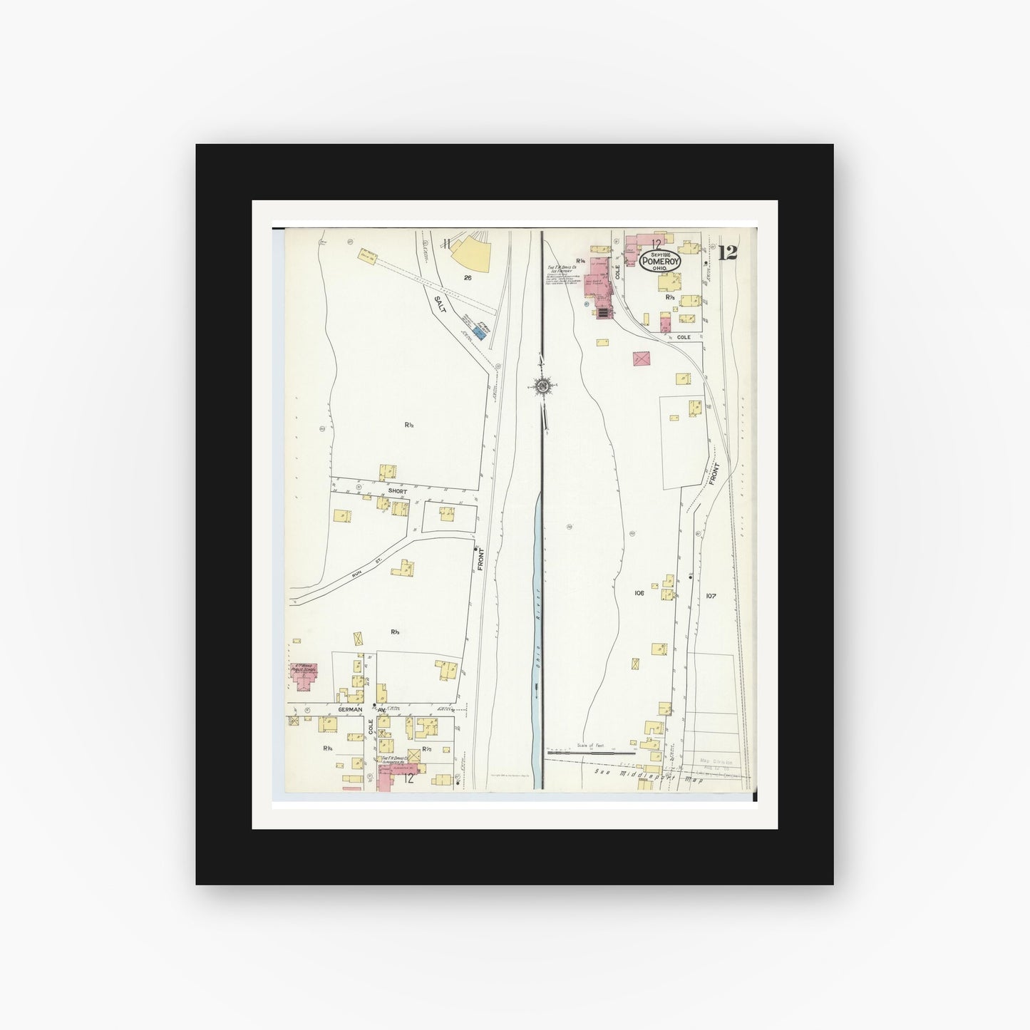 Old map wall art mockup — black gallery frame with white mat — Sanborn Fire Insurance Map from Pomeroy, Meigs County, Ohio (1916), Sheet #0012
