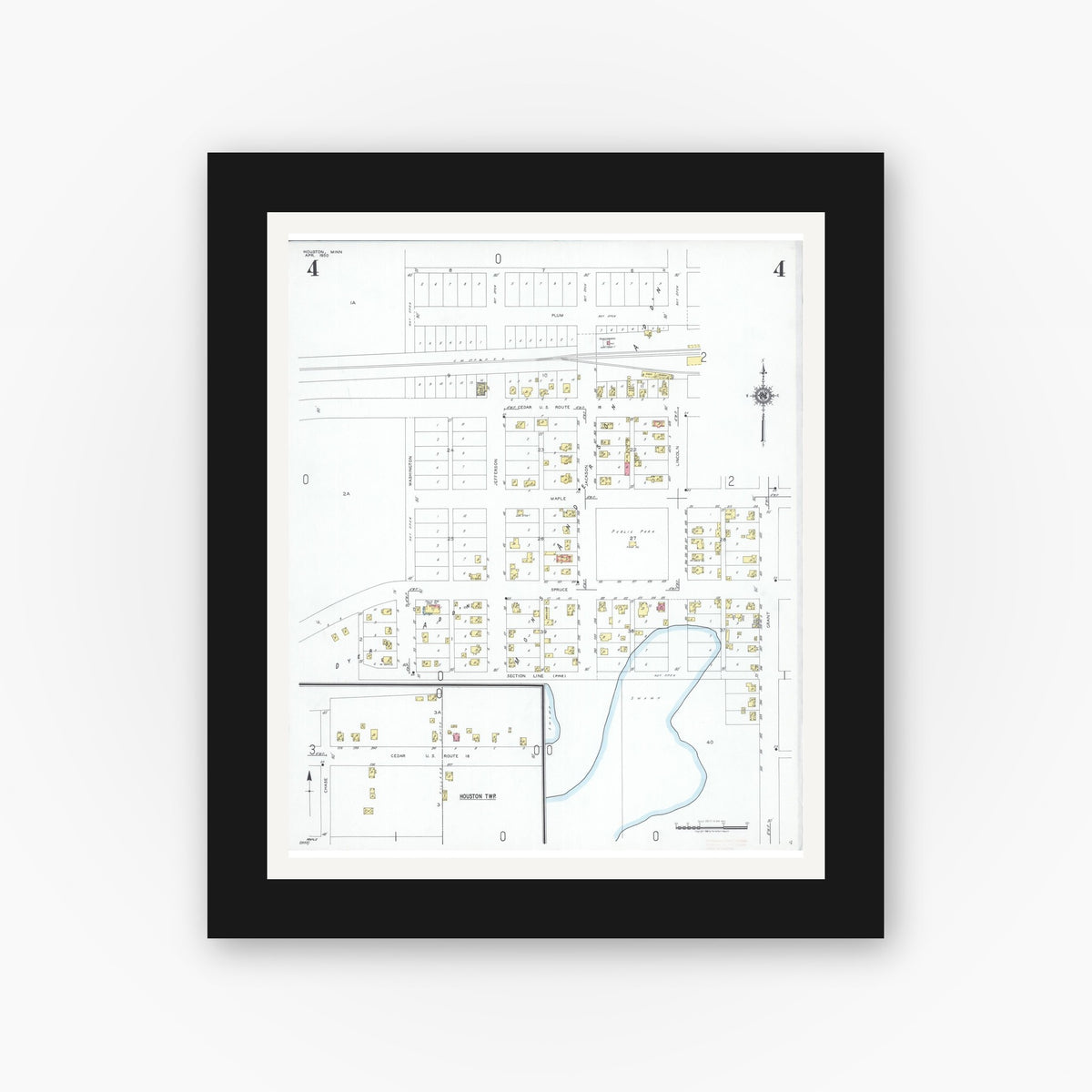Old map wall art mockup — black gallery frame with white mat — Sanborn Fire Insurance Map from Houston, Houston County, Minnesota (1950), Sheet #0004