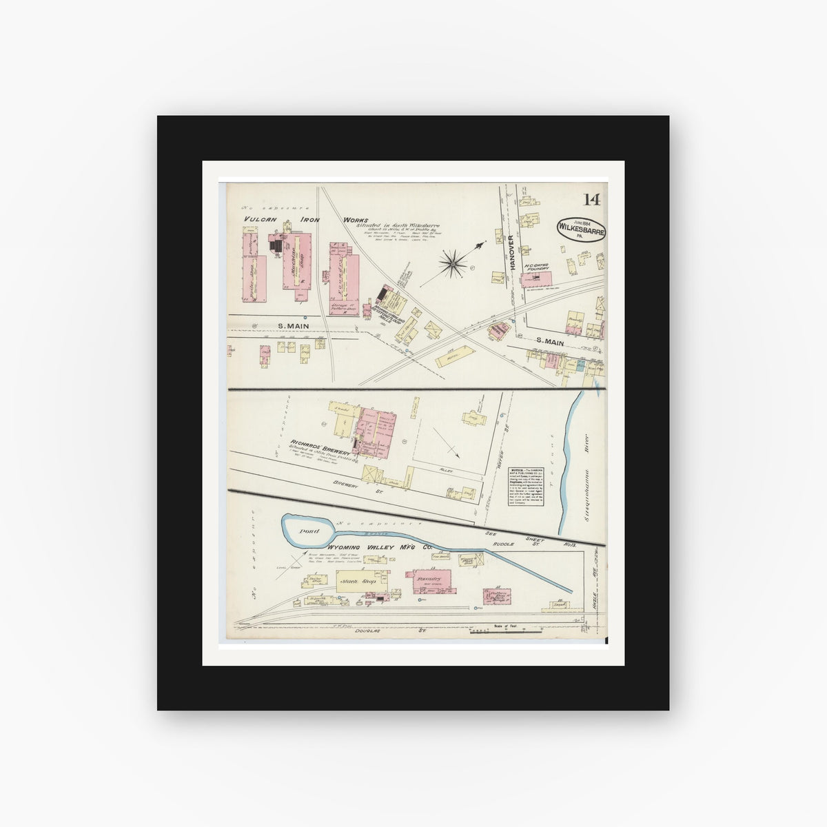 Old map wall art mockup — black gallery frame with white mat — Sanborn Fire Insurance Map from Wilkes Barre, Luzerne County, Pennsylvania (1884), Sheet #0014