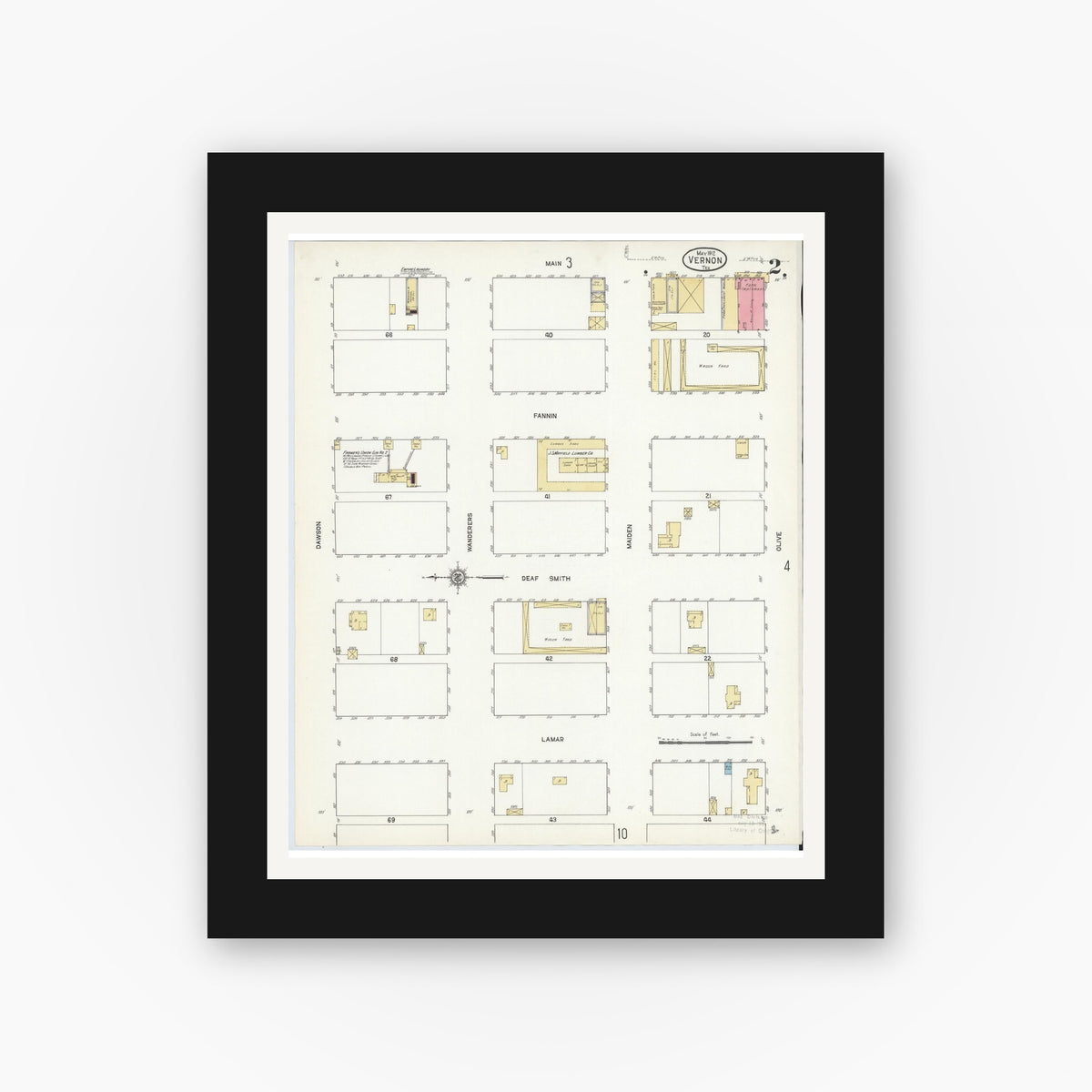 Old map wall art mockup — black gallery frame with white mat — Sanborn Fire Insurance Map from Vernon, Wilbarger County, Texas (1912), Sheet #0002